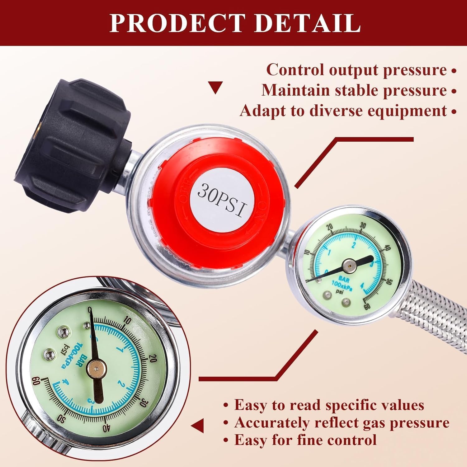 6 FT Propane Regulator Hose with Gauge, 0~30PSI Adjustable Propane Tank Regulator, 3/8" Female Flare Gas Grill Regulator for Weber Genesis Spirit Grill Blackstone 28”&36” Griddle