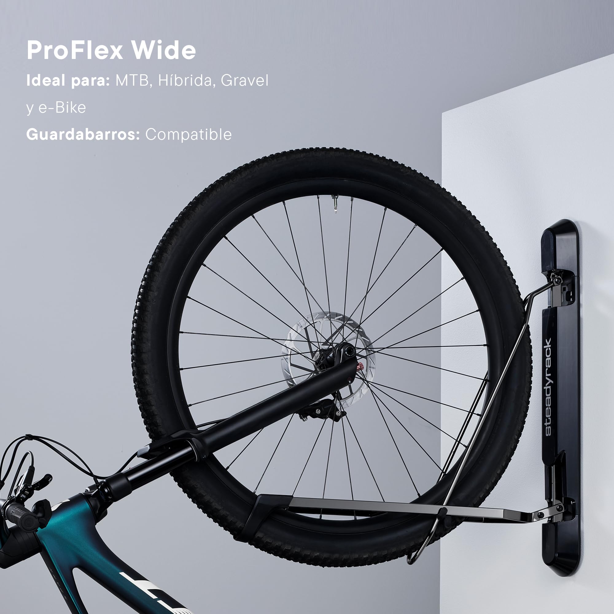 Steadyrack ProFlex Wide Portabicicletas – Soporte Vertical de Pared para Almacenamiento de Bicicletas en Casa – Apto para MTB, eMTB, Bicicletas con Guardabarros y Más – Incluye GearMate SteadySpine