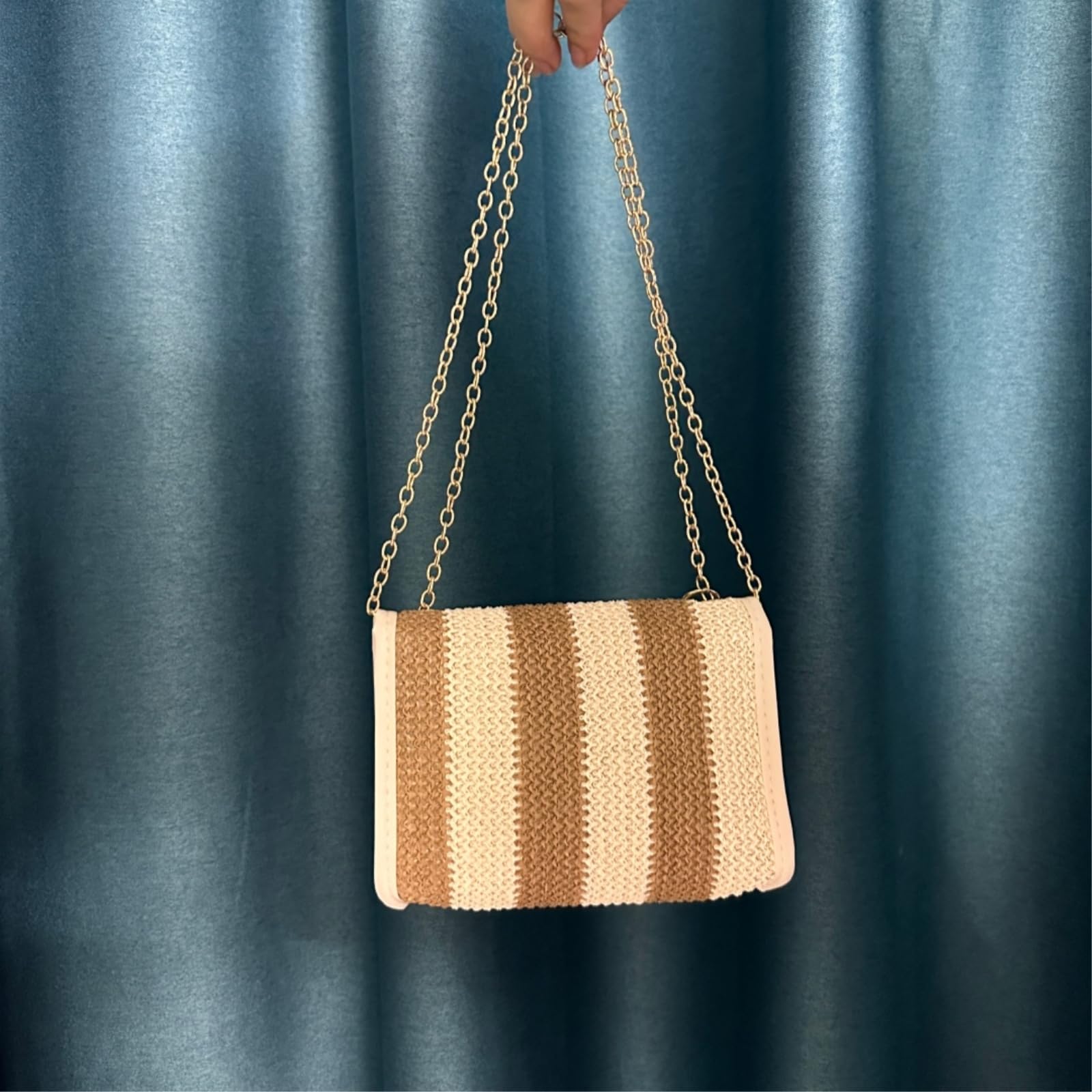 Borsa di Paglia Donna Borse da Donna, Fotocamera A Colori Bloccati, Tessute Righe Stampate, Crossbody Elegante-Khaki