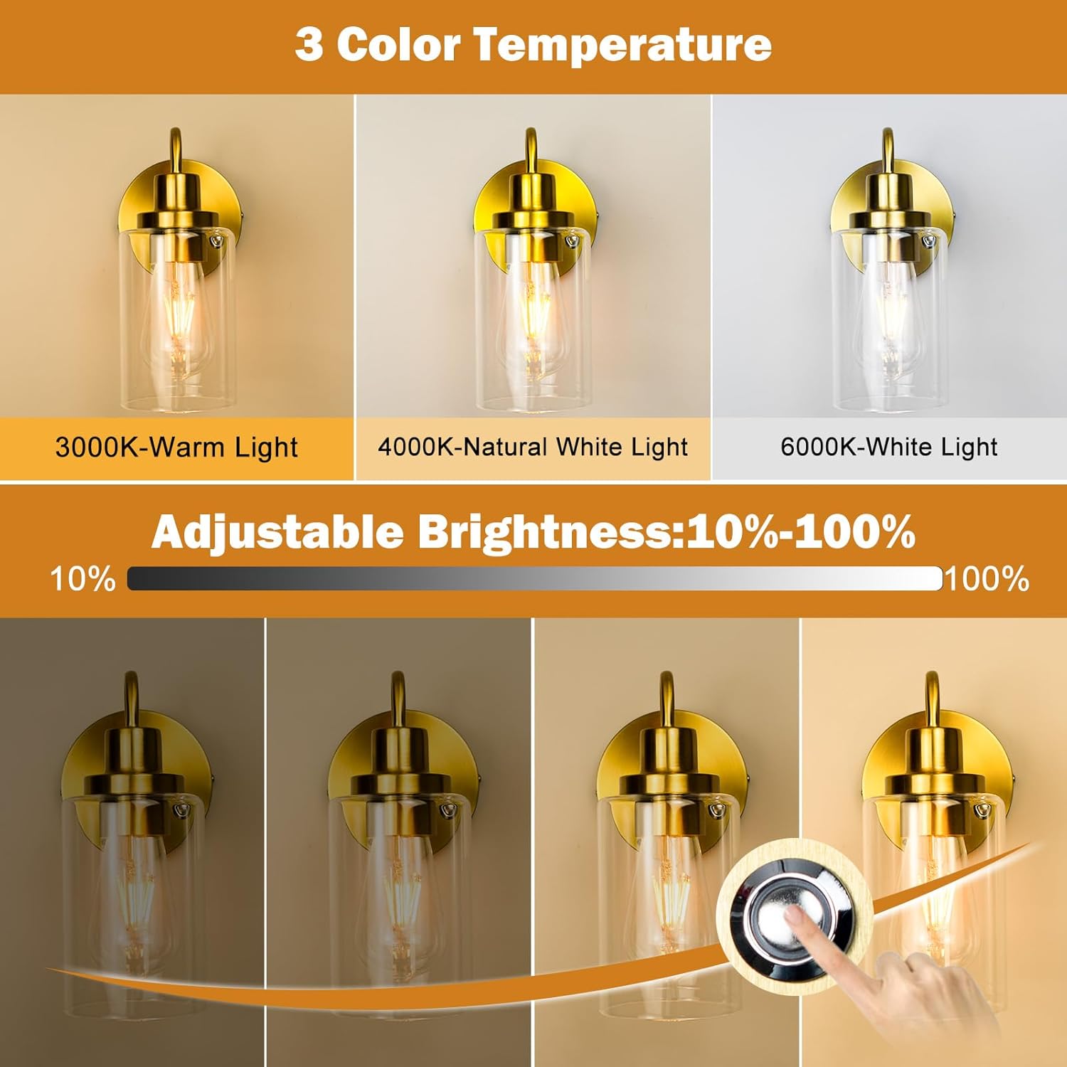 Battery Operated Wall Sconce Set of Two, Wireless Glass Lampshade Sconces with Remote Control 3 Color Temperature Dimmable, Industrial Vintage Decor Wall Lighting Fixture, E26 Bulb Included, Gold