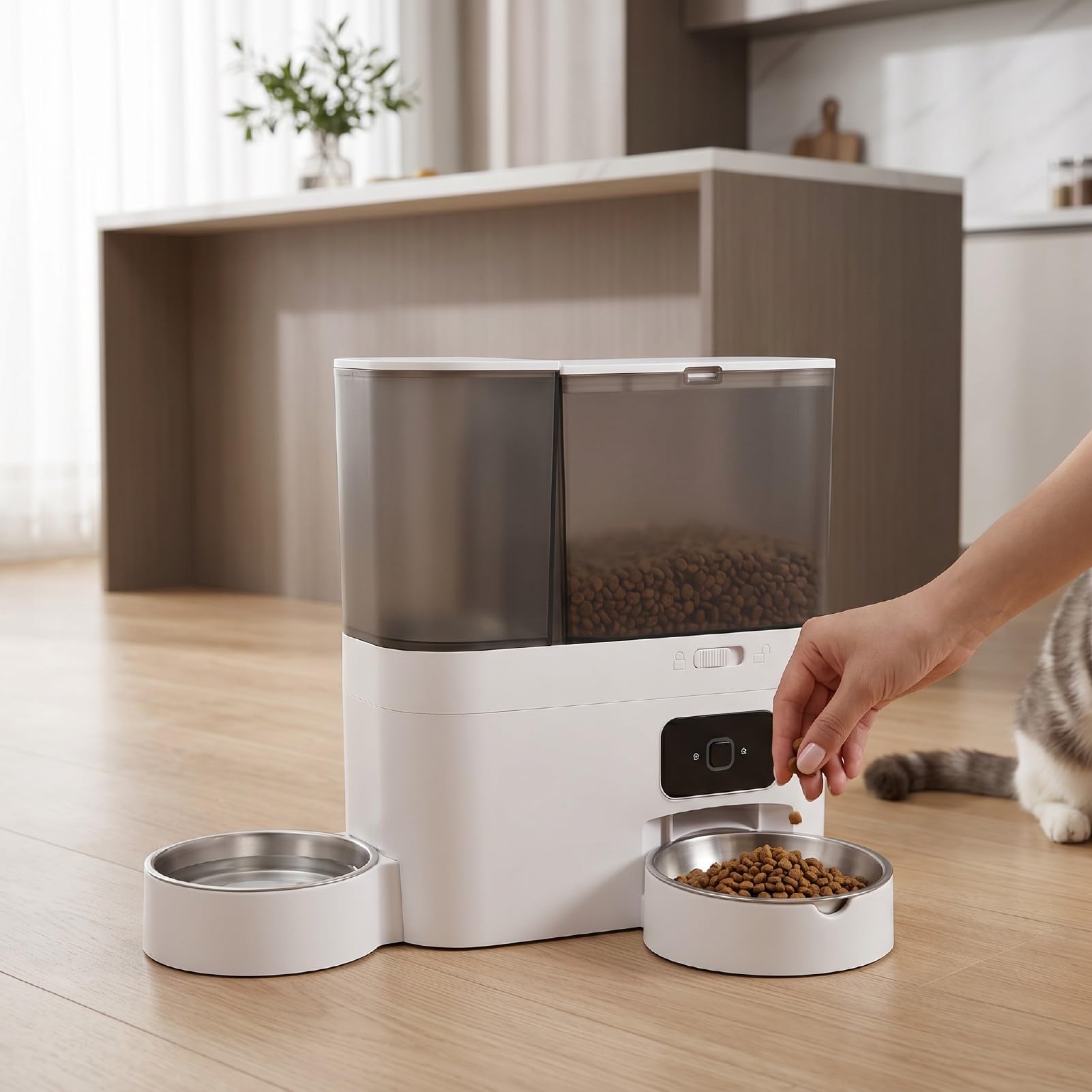 TOPINCN Mangiatore Automatico per Animali, Distributore di Cibo con Timer e | Ciotola Automatica per Gatti con Erogatore D'Acqua, Distributore di Cibo Secco con Timer e Telecomando, Porzioni