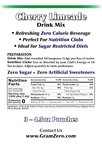Miniatura 2 de GramZero Cherry Limeade - Mezcla de bebida sin azúcar, sin calorías, ideal para té cargado de club de nutrición, endulzado con stevia