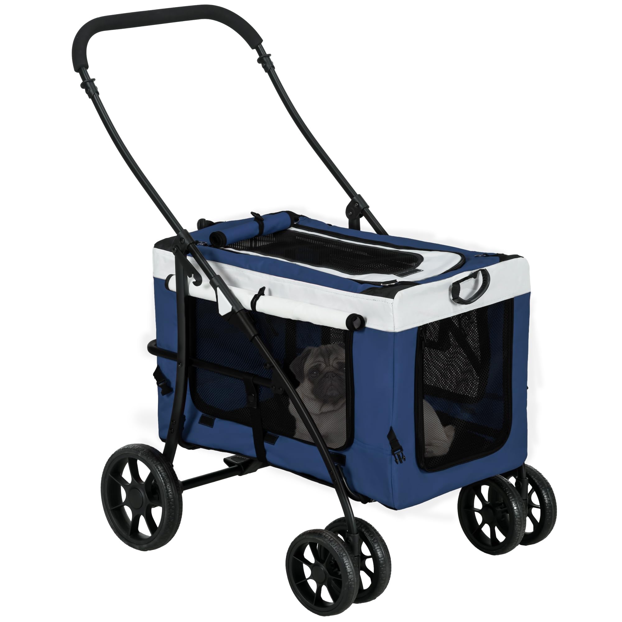 PawHut Carrito para Perros 2 en 1 Cochecito para Perros Pequeños Plegable Cochecito para Mascotas con Vagón Desmontable 4 Puertas con Cremallera 2 Correas de Seguridad y Cojín Azul