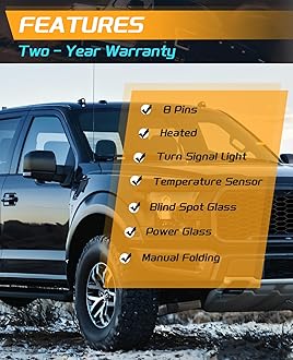 Right Passenger Side Mirror, For Ford F150 Side Mirror Replacement 2015-2020, For Ford F150 Side View Mirror, w/Temperature Sensor, Heated, Turn Signal Light, 8 Pins FO1321556