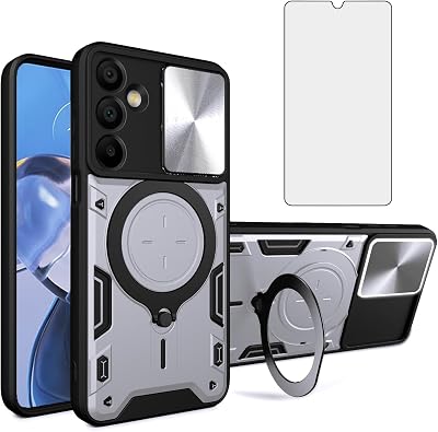 Asuwish Phone Case for Samsung Galaxy A16 5G/4G Slide Camera Cover with Tempered Glass Screen Protector and Ring Holder Stand Hybrid Mobile Cell Accessories A 16 16A SM-A166U Women Silvery