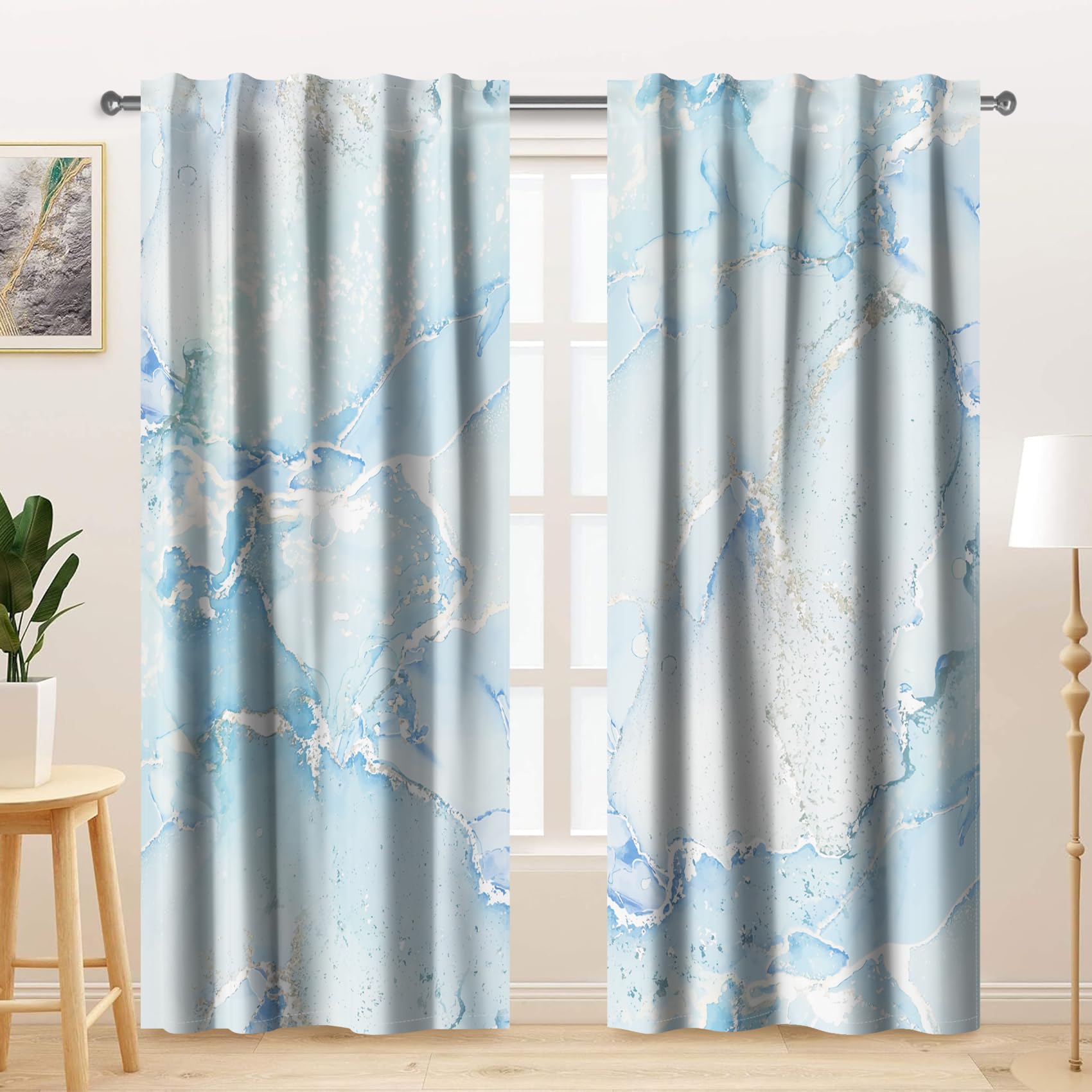 Kzzfqxb 135x229cm Rod Pocket Curtains 2 Panels, Modern Abstract Artistic Light Blue Ocean Water Silver Wave Spray Marble Pattern Window Drapes, Fashion Fresh Decor for Bedroom Living Room