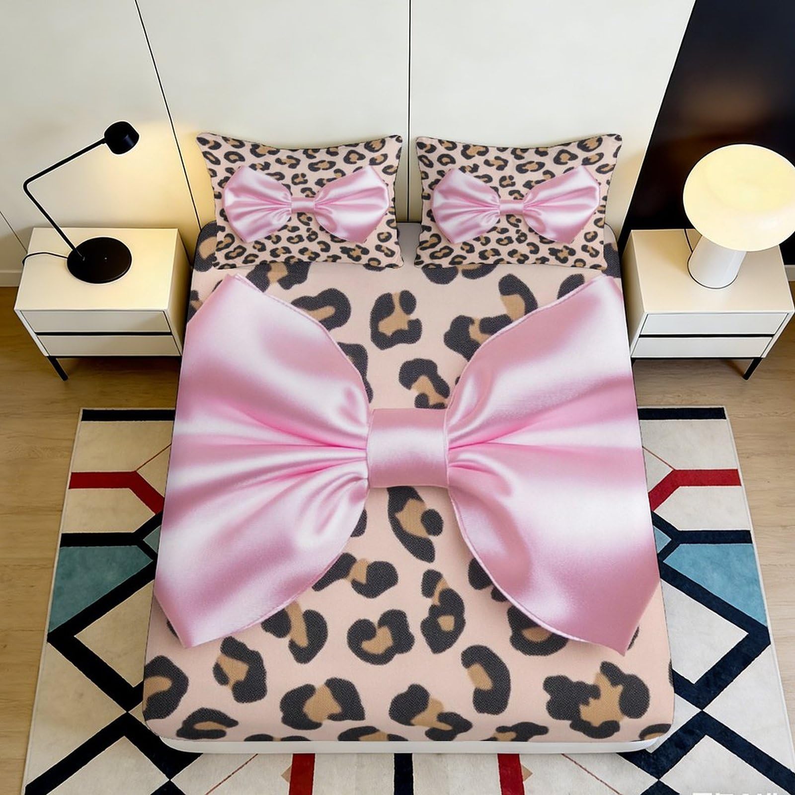 3D Printed Leopard Bow Fitted Sheet Microfiber Non-Slip Deep Pocket Leopard Mattress Fitted Cover for Bedroom 90x200x25cm