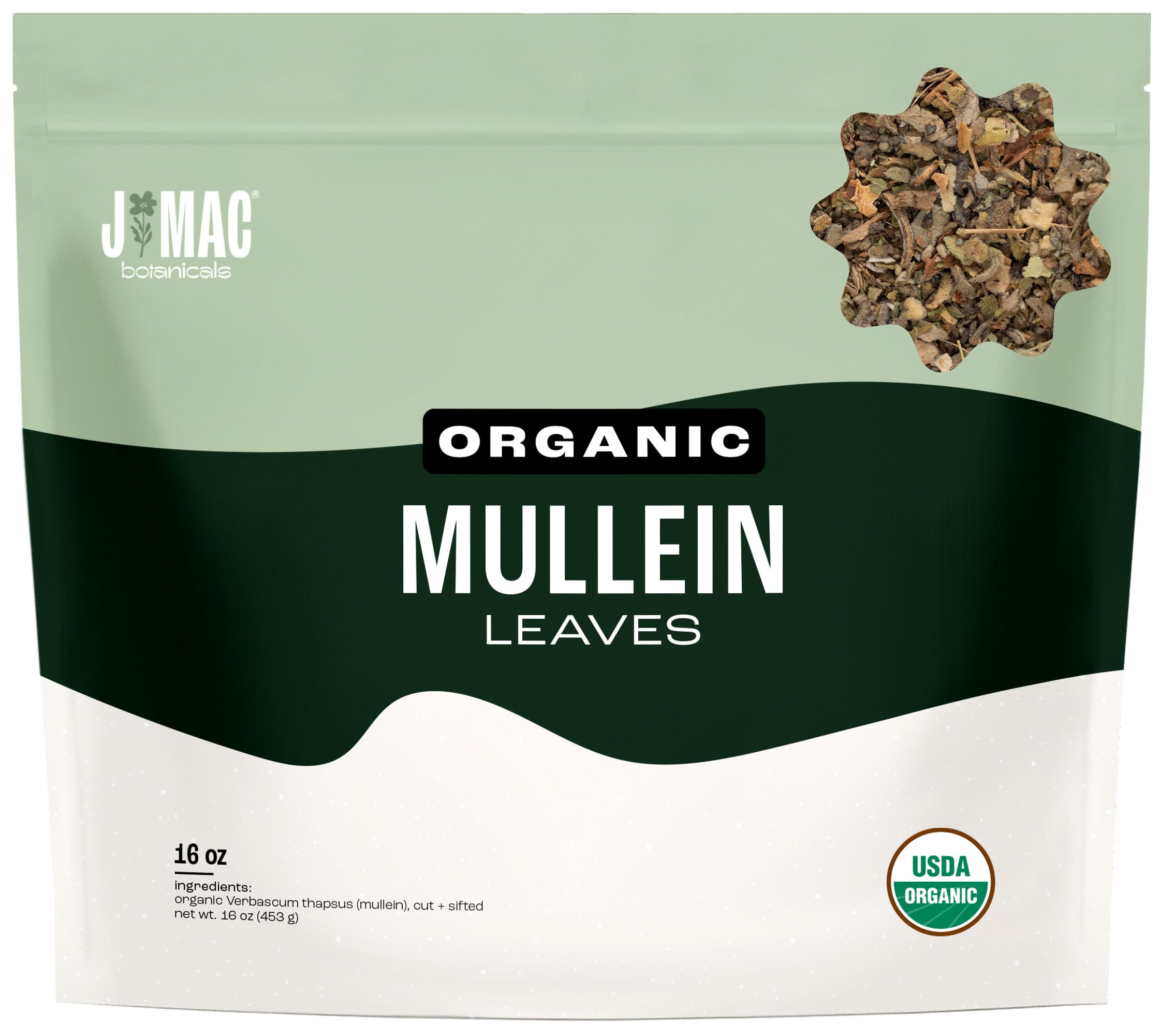 J Mac Botanicals Organic Mullein Leaves (16 oz) Certified USDA Organic. Loose Leaf Mullein Herbal Tea