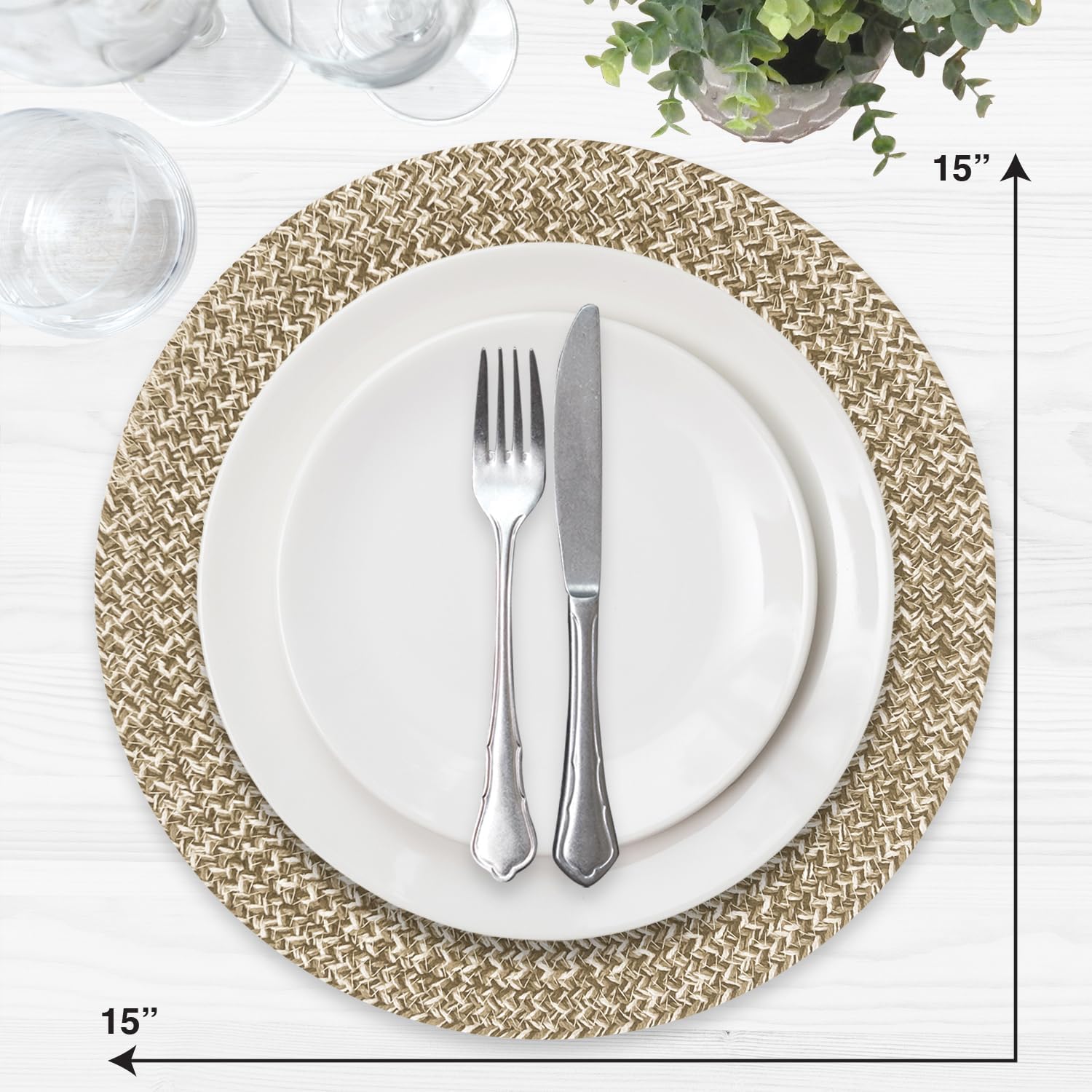 Marled Twist Set of 8 Placemats, 15" Round Cotton, Beige, Heat Resistant, Durable Table Mats for Dining Table, Kitchen, Party, Holiday, Washable, Everyday Use