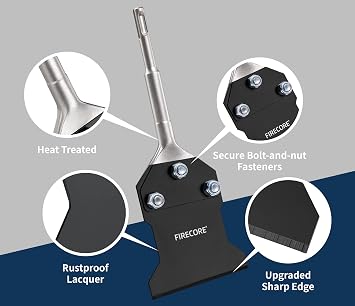 SDS Plus Floor Scraper with Spare Bolts and Nuts, Firecore 4 Inch x 10 Inch Rustproof Tile Removal Tool Thinset Remover Chisel Bits for Rotary Hammer Drill, Flooring Adhesives Remover FS23410B