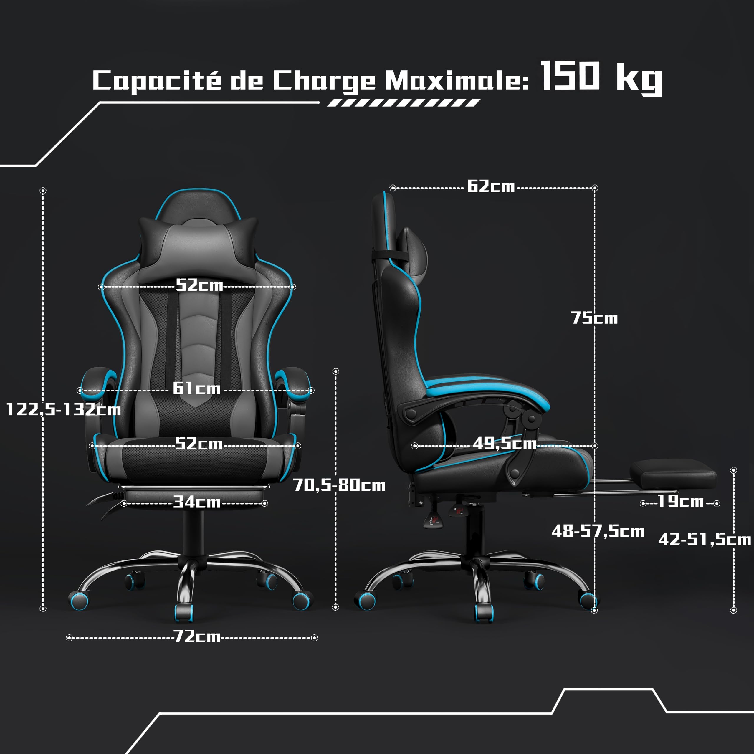 Yaheetech Chaise Gaming Massage Dossier Ailes Latérales Repose-Pieds Gris | Inclinable & Hauteur Ajustable Base 72cm Charge 150kg Têtière Incluse Coussin Lombaire Massant USB Similicuir Bureau Salle