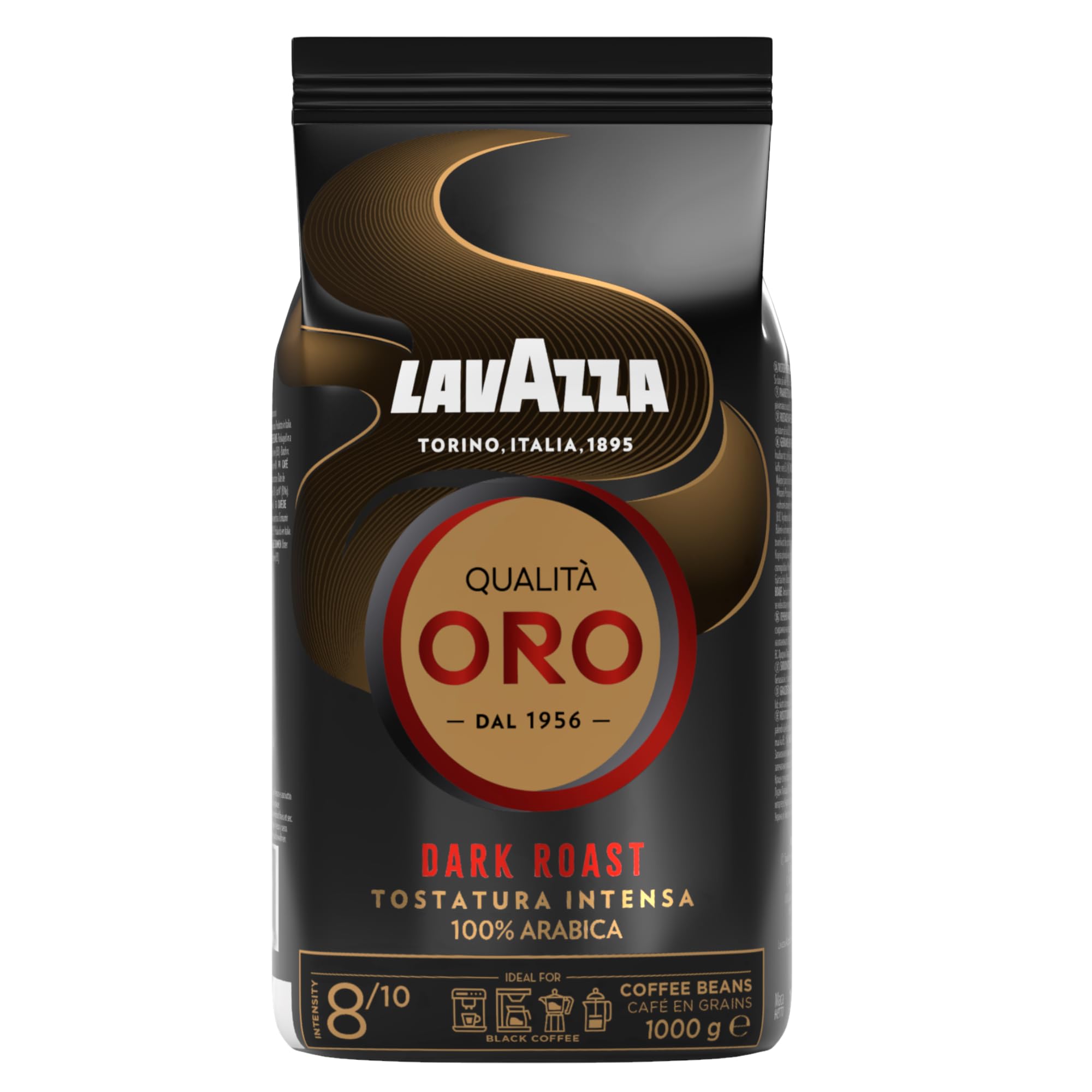Lavazza, Qualità Oro Dark Roast, 1 Kg, Café en Grano, Ideal para Cafetera Automática y Cafetera de Filtro, con Notas de Cacao y Frutos Secos, 100% Arábica, Intensidad 8/10, Tueste Oscuro