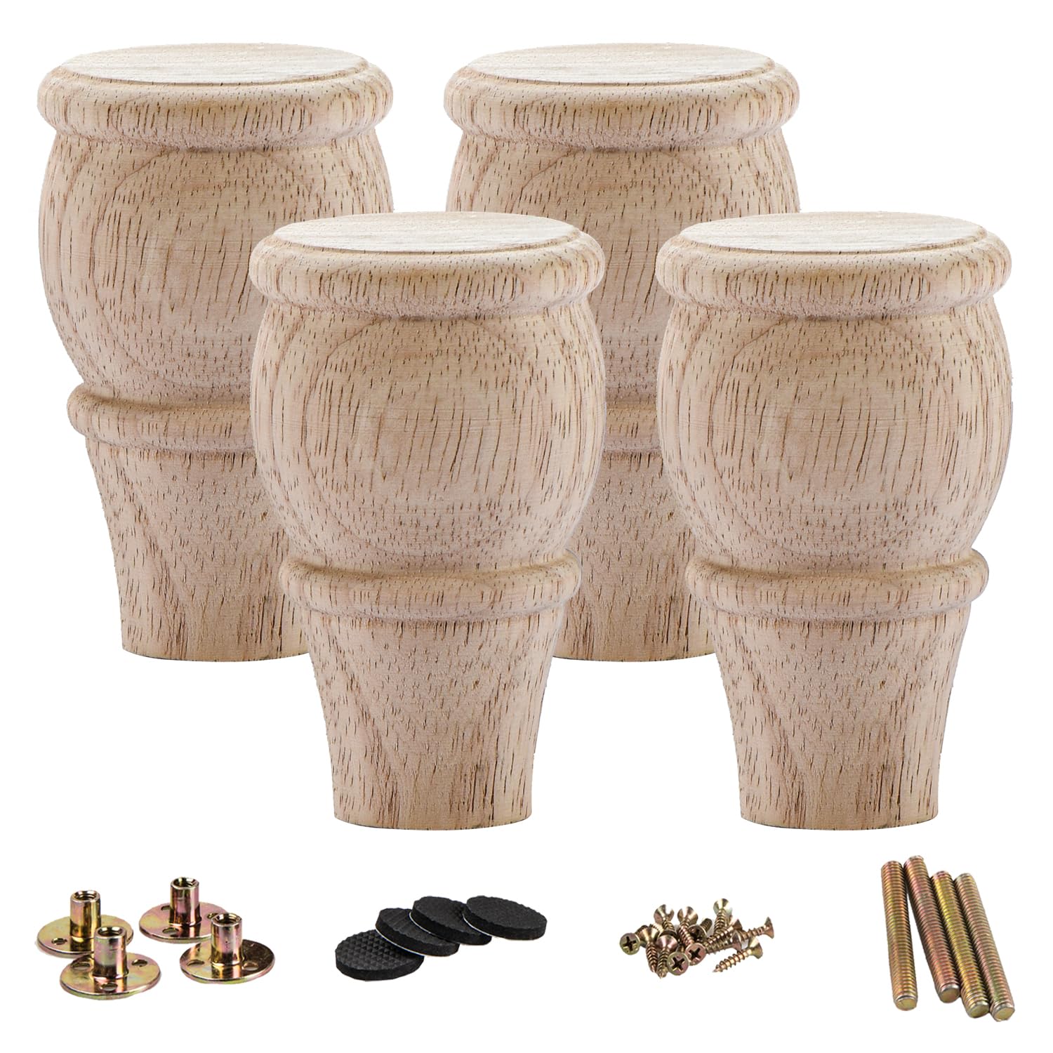 La Vane 4 inch / 10cm Wooden Furniture Legs, Set of 4 Solid Wood Carved Geometry Unfinished Replacement Bun Feet with Mounting Plate & Screws for Sofa Cabinet Couch Table TV Stand โ image 1
