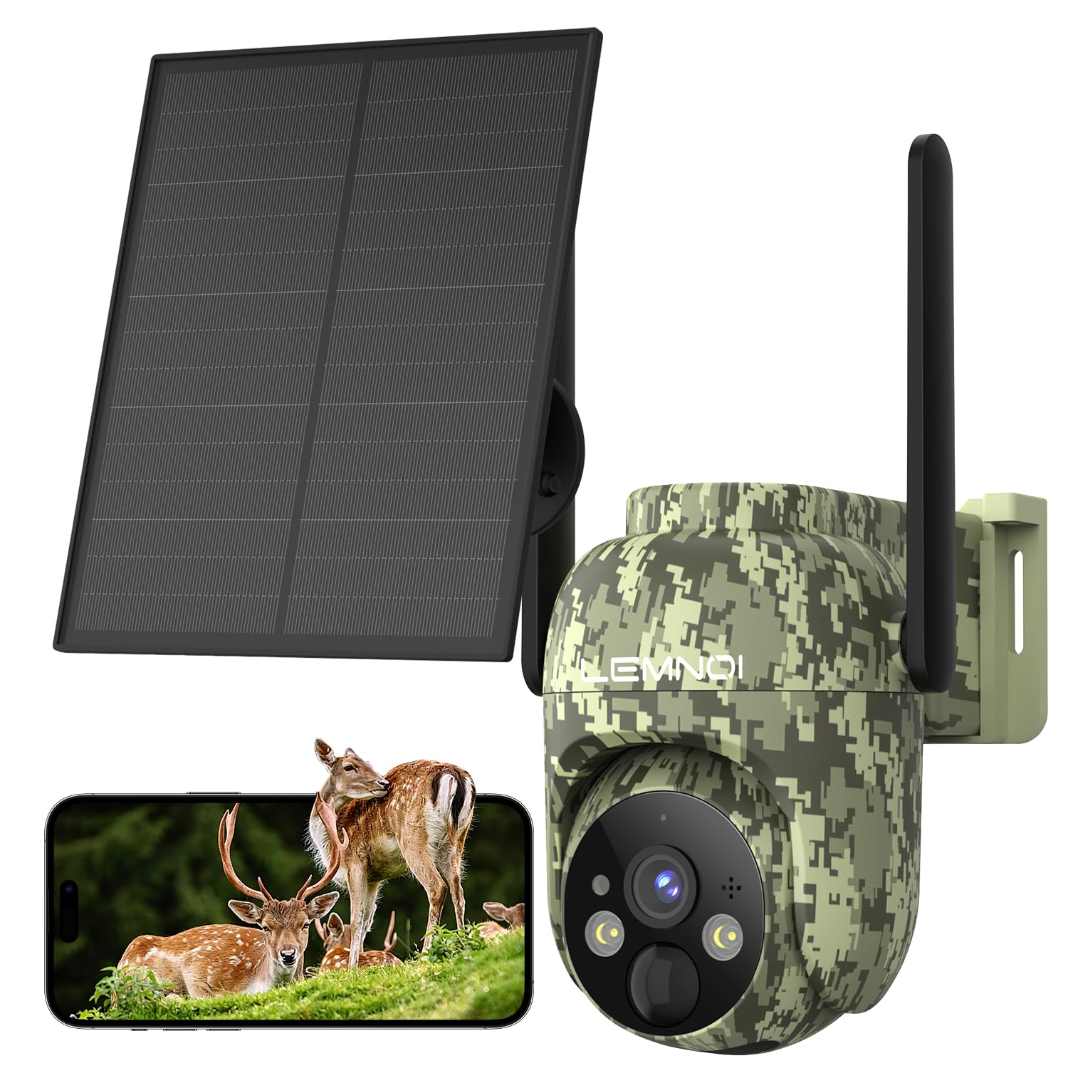 LEMNOI Fototrappola 4G con SIM Inclusa, 2K Fotocamera da Caccia, Telecamera Solare PTZ da Esterno, Visione Notturna a Colori, IP66 Impermeabile, Senza WiFi, per Caccia/Fattoria/Giardino