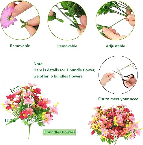 Miniatura 3 de Flores artificiales de margarita de seda azul, 6 paquetes de flores artificiales colgantes para jardín, porche, ventana, patio, césped, flores