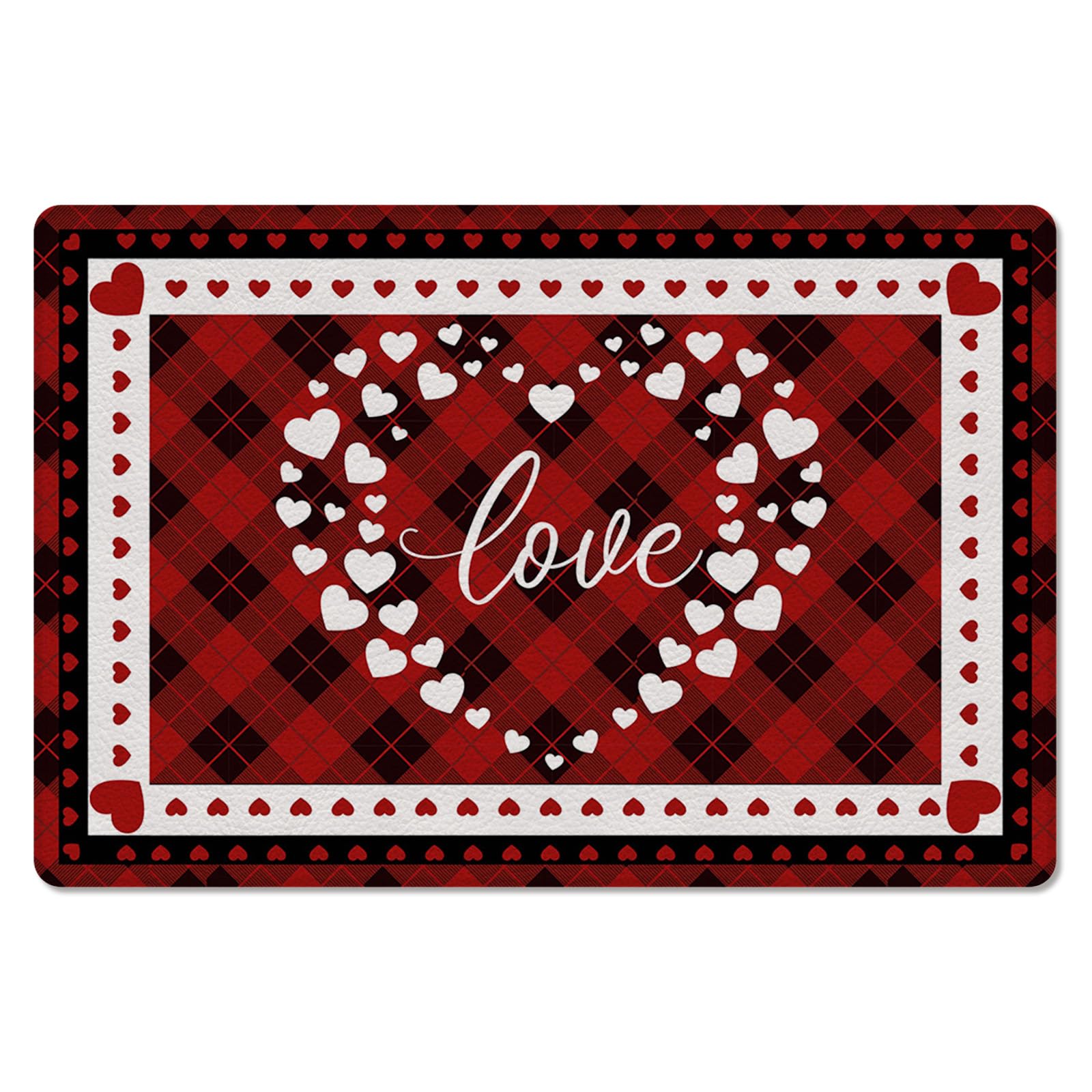 Valentine's Love Kitchen Bath Door Mat Cushioned Runner Rug,Washable Welcome Floor Sink Antifatigue Mat,Waterproof & Non-Slip Comfort Standing Doormat,Red Black Buffalo Plaid Heart Holiday 18