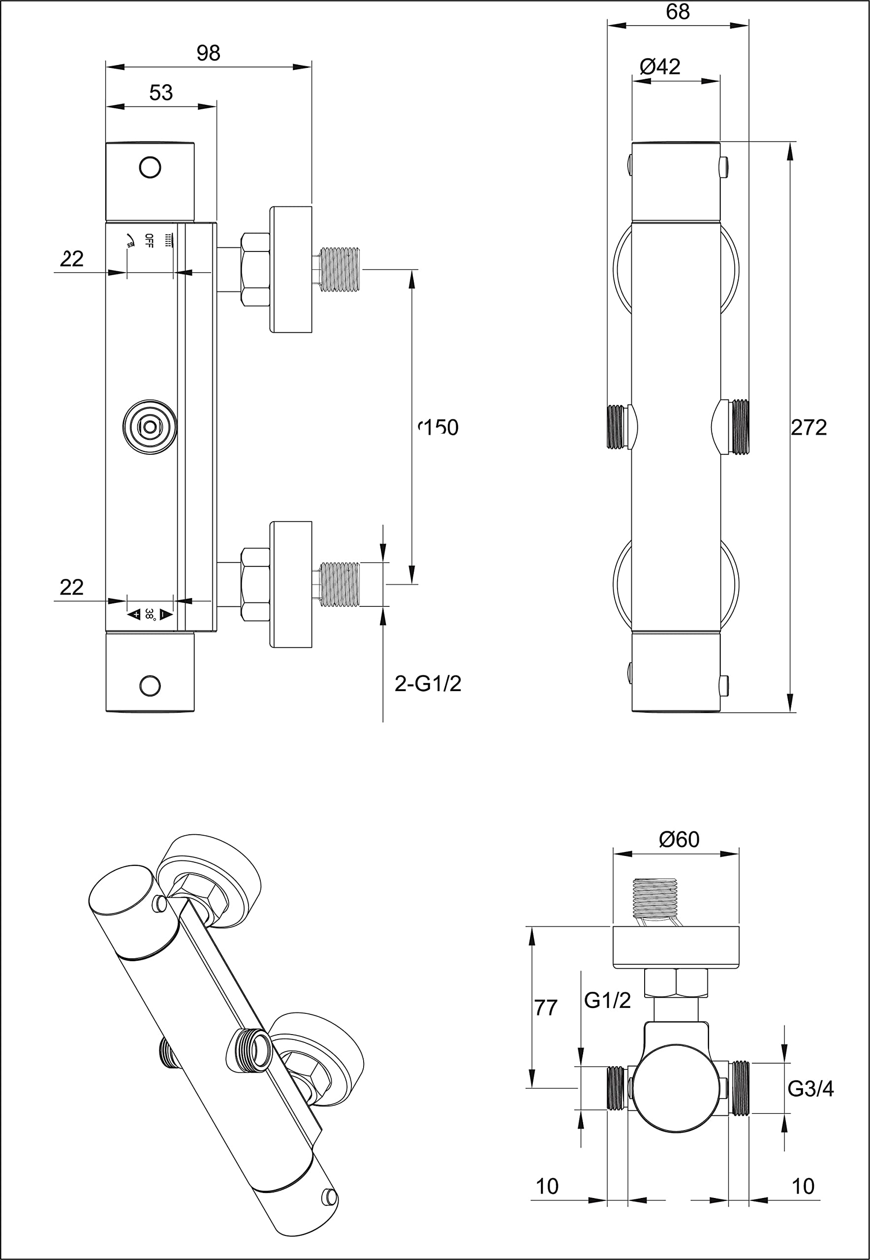 Mitigeur Thermostatique Double Sortie pour Colonne de Douche BOLEA by Eurosanit