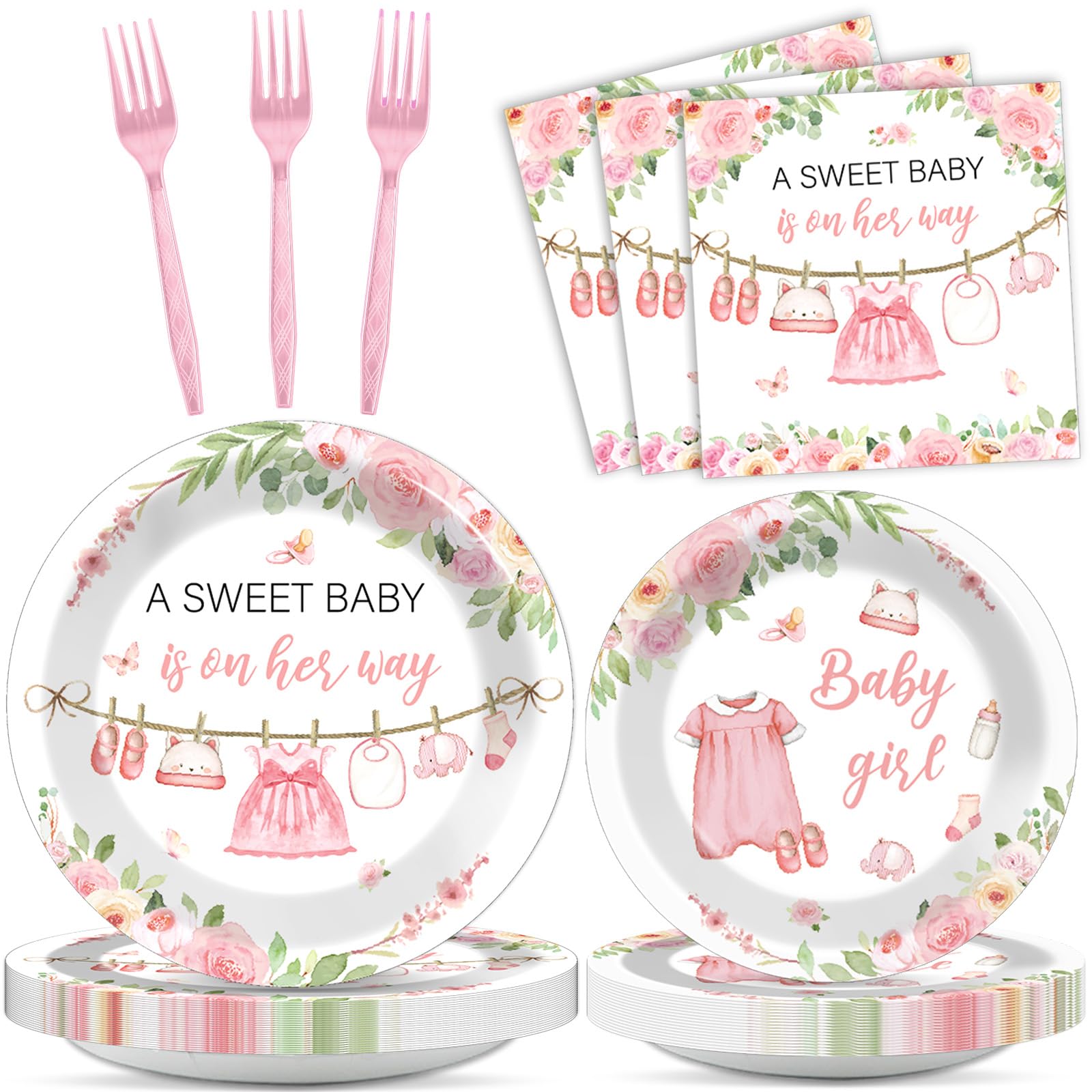 96Pcs Floral Baby Girl Baby Shower Plates and Napkins Decoration Pink Girl  Party Tableware Dinnerware Set Rose Gold Paper Plates for Babies Girls