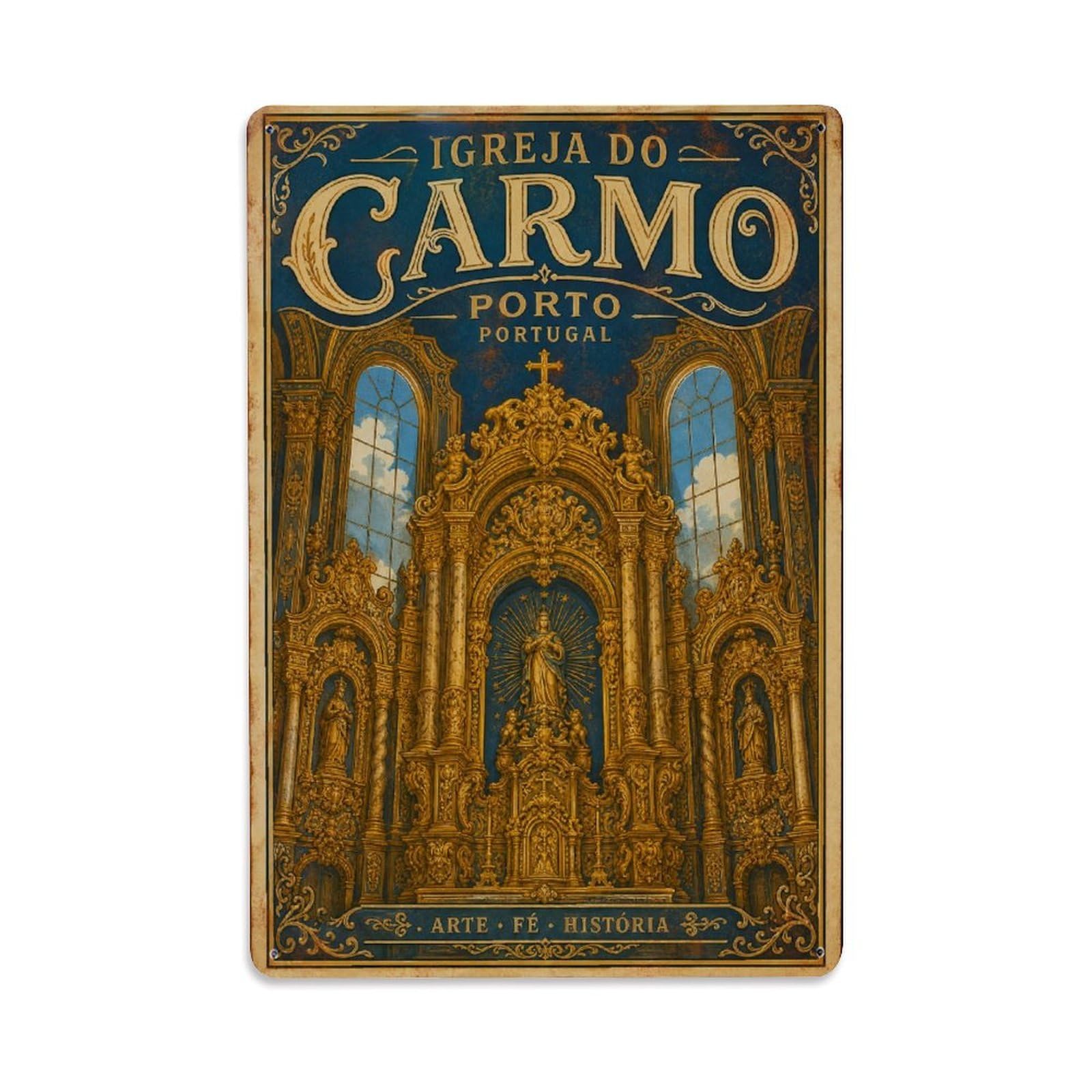 Vintage Travel Carmo Church Interior Gilded Woodwork Metal Tin Sign
