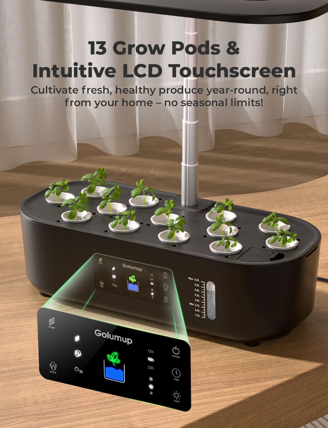 Close-up of the GOLUMUP Hydroponics Growing System's LCD touch panel and 13 plant pods.