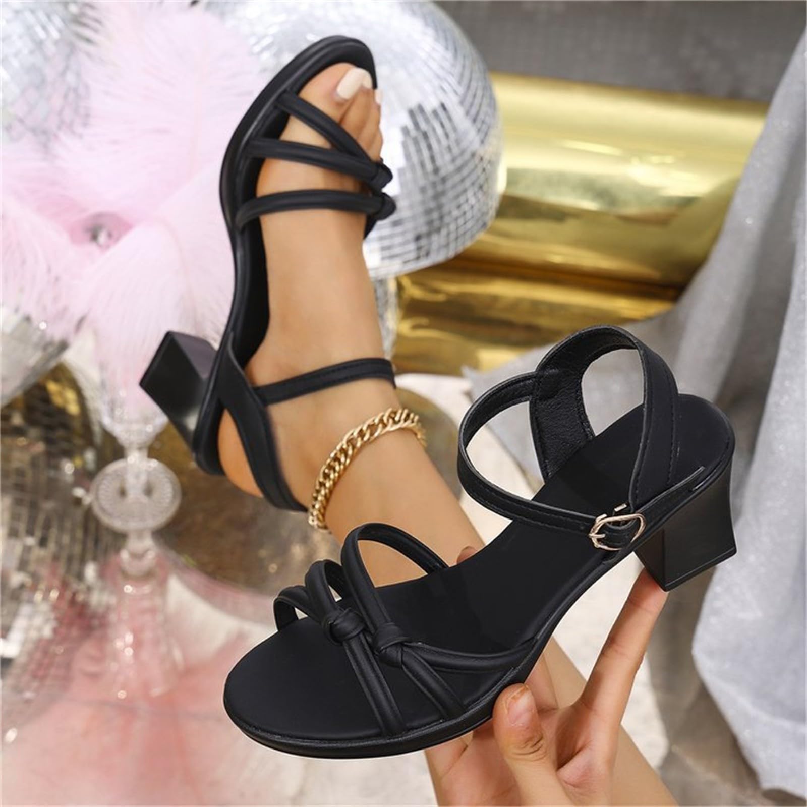 Sandali Donna Estive Tacco Medio Scarpe Eleganti Sandali da donna estivi con fibbia a una linea punta tacco Dorati Scarpe Eleganti Comode