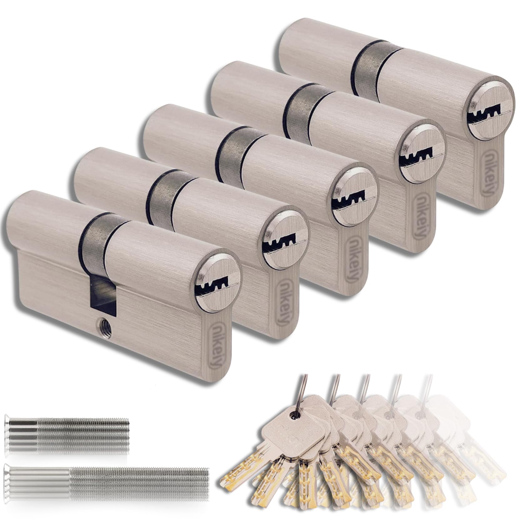 Set of 5 Brass Profile Cylinders 35/35mm, Double Lock, Screws and Keys Included, Easy Installation for Doors and Garages, Single Key, Total Length 70mm