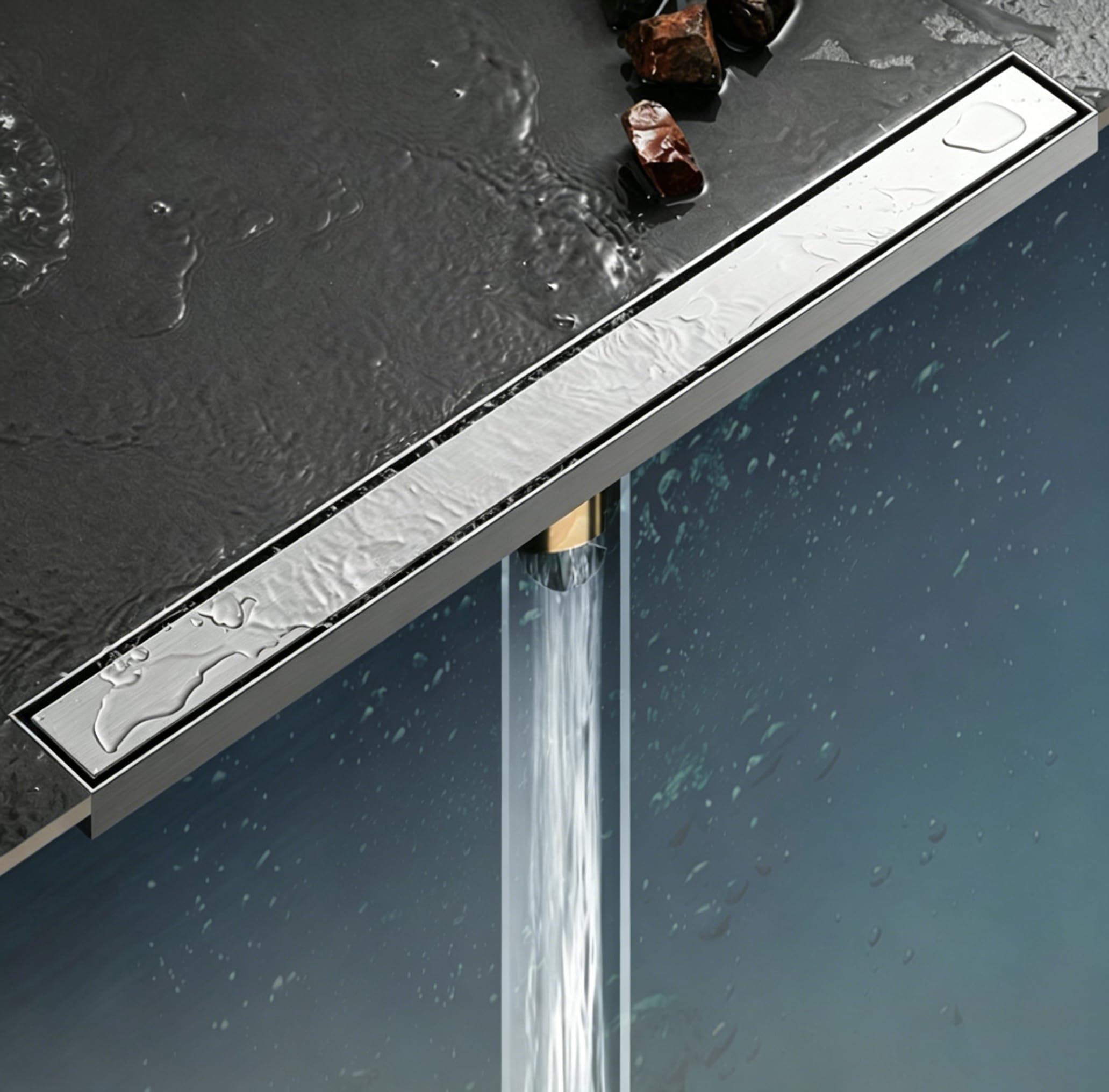 Desagüe de ducha cepillado rectangular para alto flujo, diseño 2 en 1, desagüe de ducha lineal de acero inoxidable 304 para baño (100 cm, salida lateral)