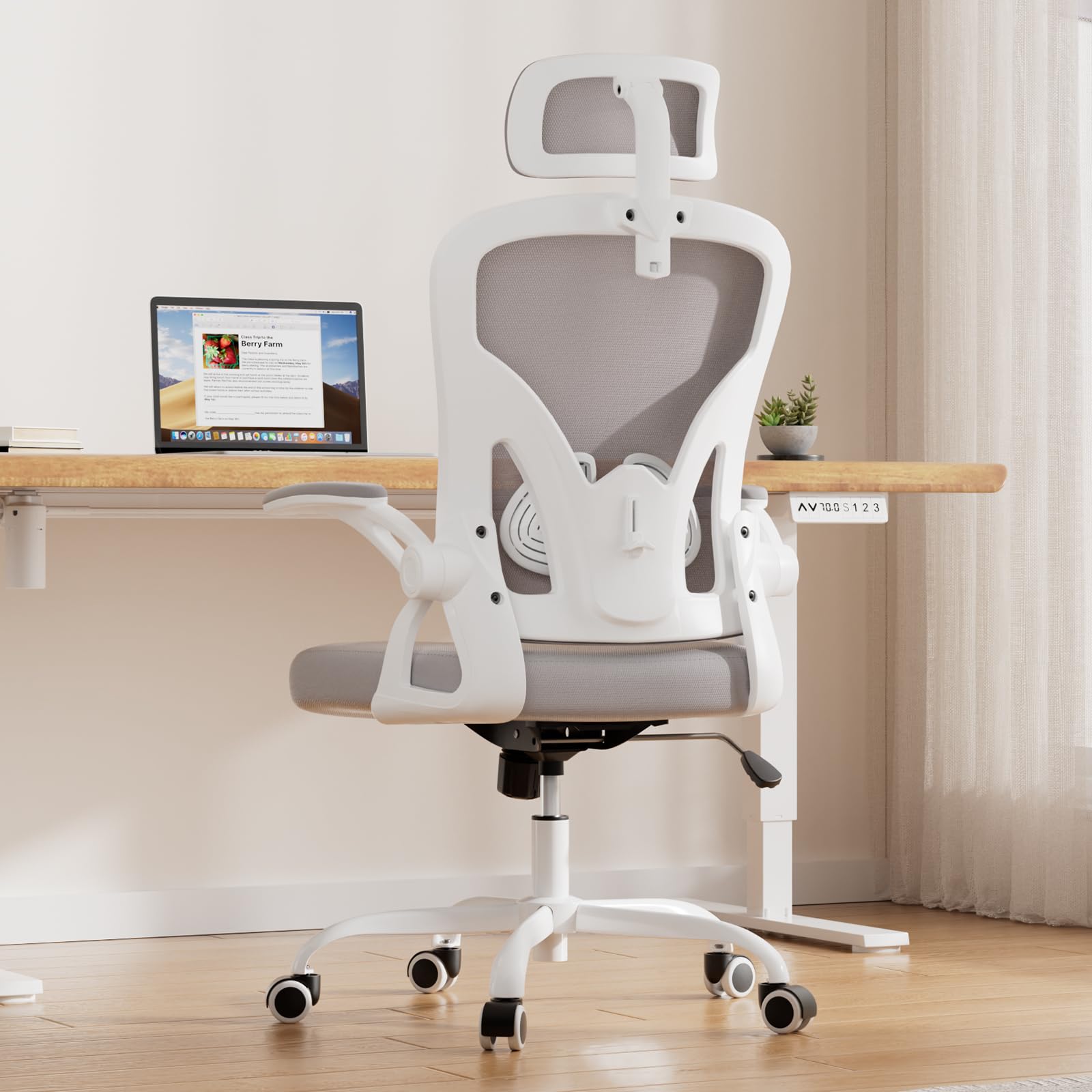 Condition photo showing New/Like New for ergonomic office chair, home office desk chair with headrest, high back swivel computer chair with armrests and adjustable lumbar support for home office study room, white & grey