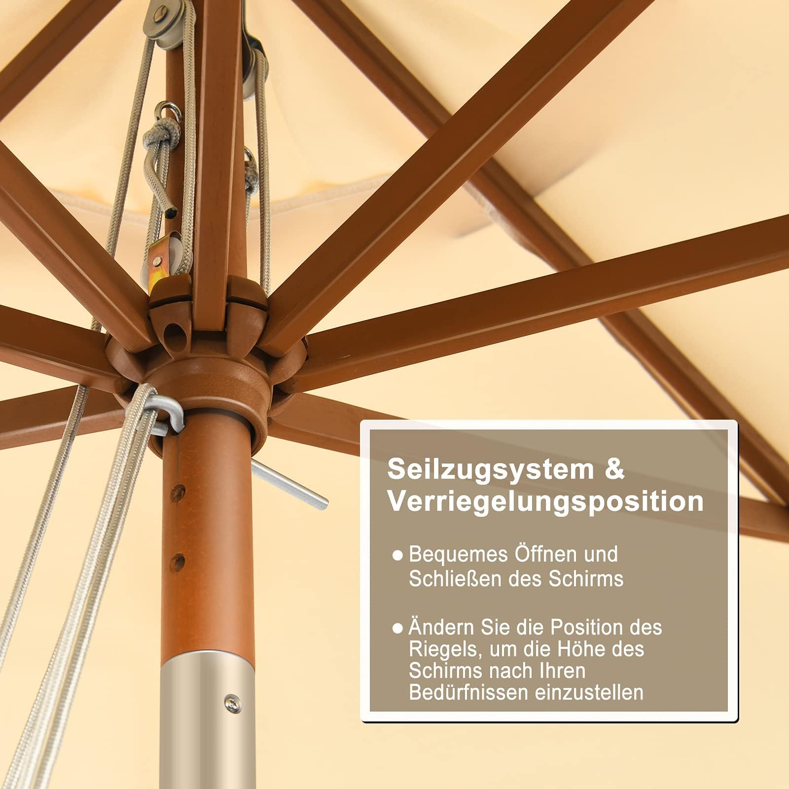 GOPLUS Sonnenschirm Holz, Gartenschirm 260cm UV-Schutz, Marktschirm mit 3-stüfig höhenverstellbar, Balkonschirm, Terrassenschirm tragbar leicht, Tischschirm für Garten, Strand, Terrasse & Pool, Beige