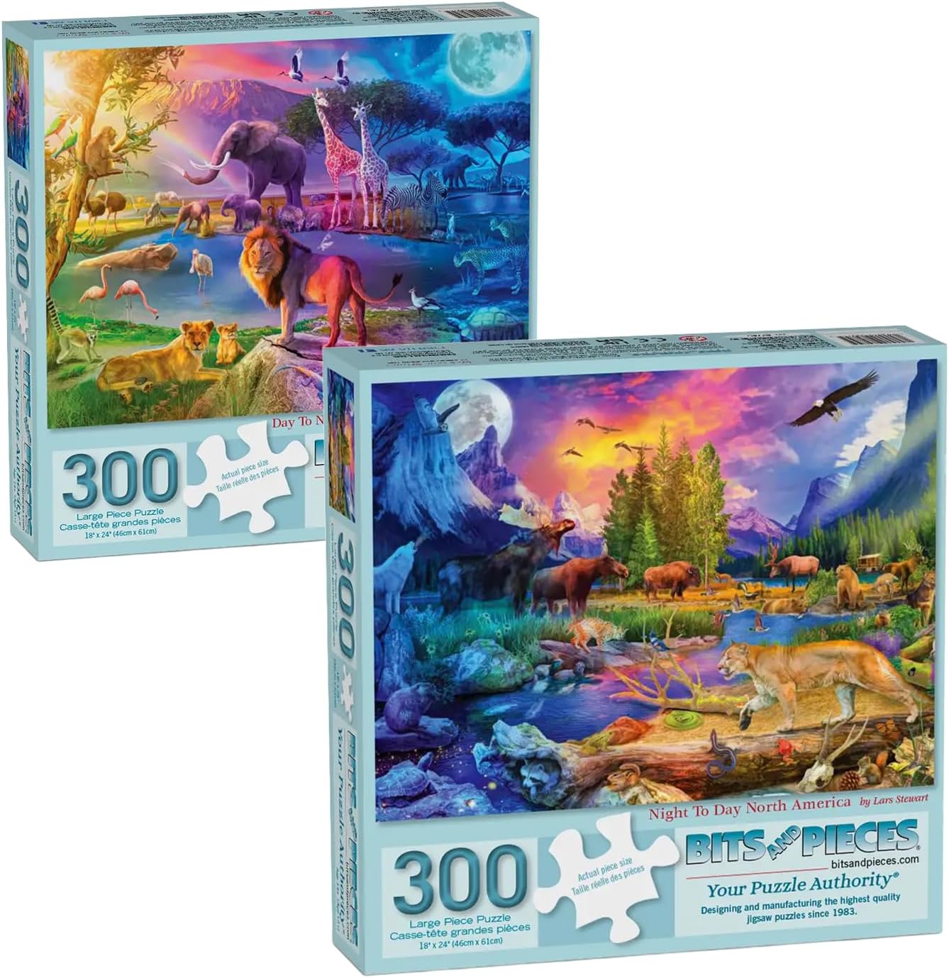 Bits and Pieces 300 Piece Jigsaw Puzzles for Adults - Value Set of 2 - Day to Night Puzzles for Adults Bundle Africa Safari & American Wildlife, 18" x 24"