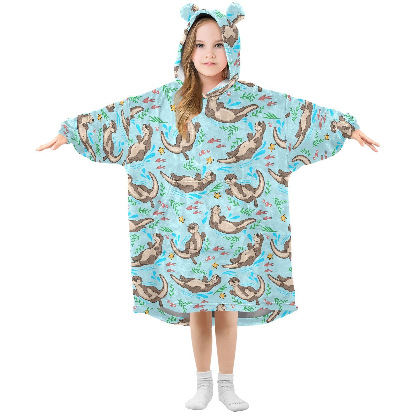 JHKKU Cute Otters Wearable Blankets for Kids, Oversized Flannel Blanket Hoodie for Kids, Warm Blanket Hoodie for Boys Girls with Pockets