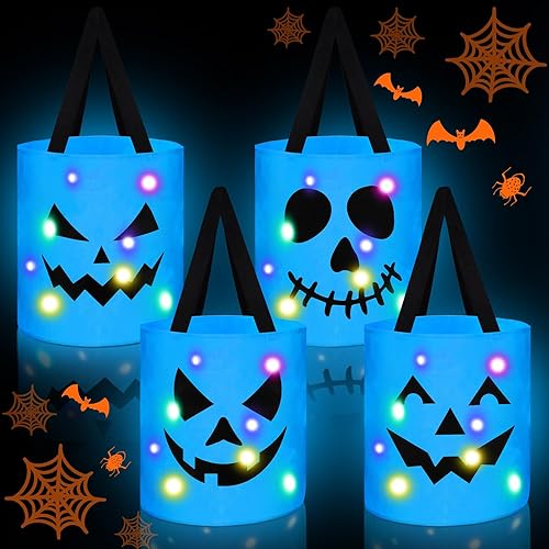 Yaomiao 4 bolsas de Halloween con luz LED, bolsas de dulces de Halloween, bolsas de golosinas iluminadas, bolsas de dulces iluminadas, cubo de