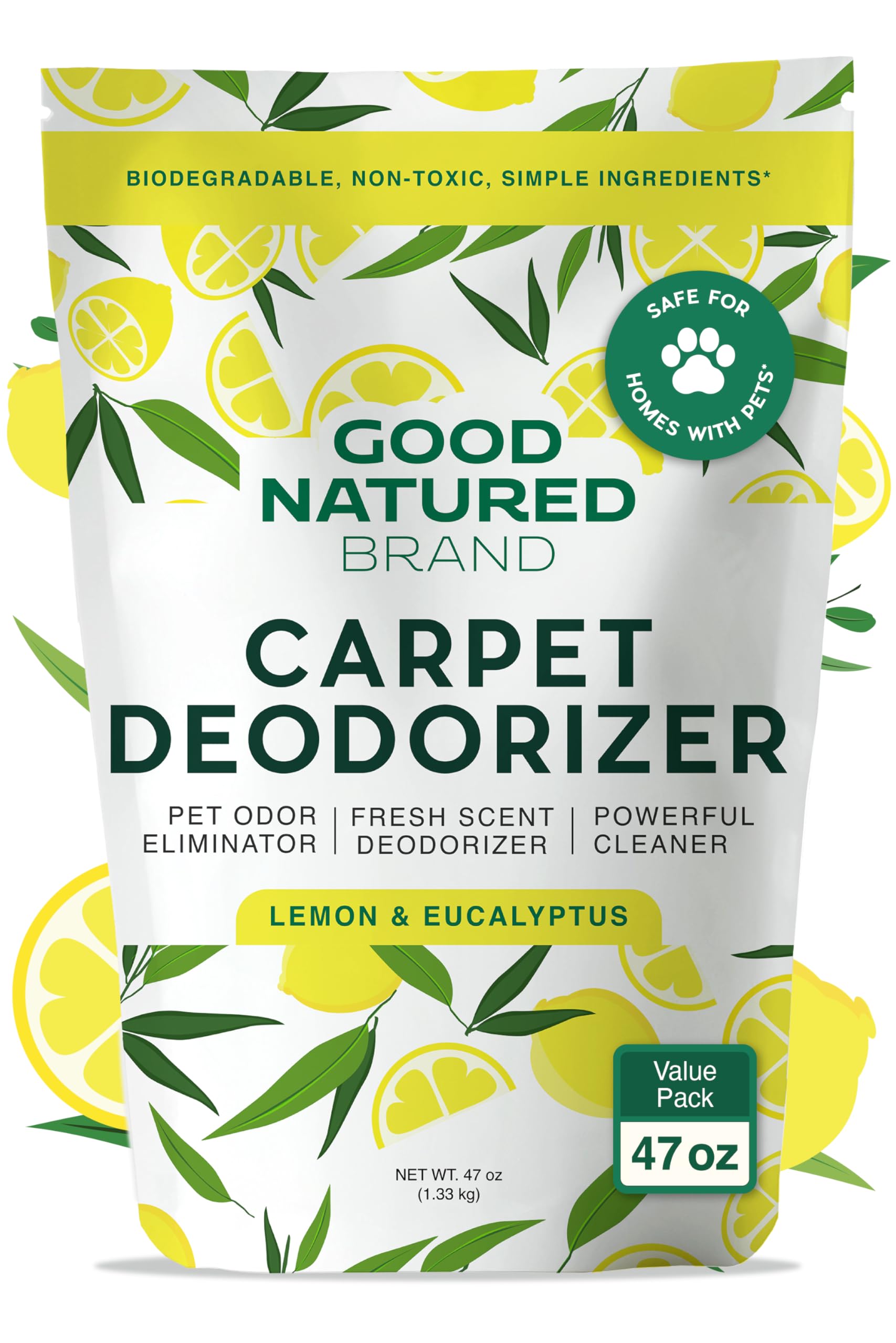 Carpet Deodorizer & Freshener Powder | 47 oz Pet Odor Eliminator for Strong Odor & Pet Urine | Fresh Natural Lemon & Eucalyptus Scent | Safe for Homes with Pets