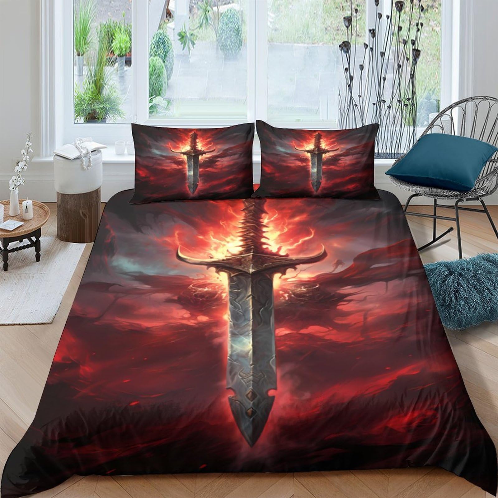 GPLZQXKJNH 3D Printed Sword Fantasy Duvet Cover Microfiber Soft Breathable Fire Sky Bedding Set with 2 Pillowcases for Bedroom Decor Single（135x200cm）