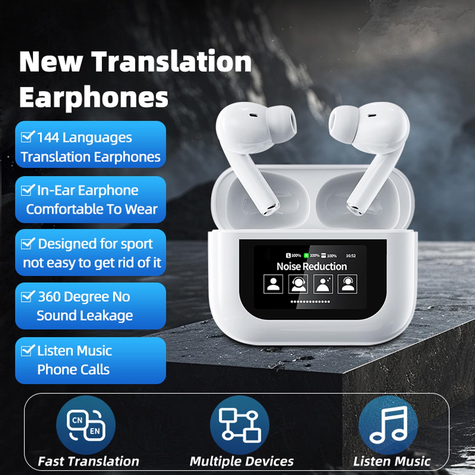 Traduzione in 144 Lingue Riduzione Intelligente del Rumore Auricolari Traduttore 5.4 per, Auricolari Traduttore Touch Screen per Viaggiatori, Plastica, 4-5 Ore (WHITE)