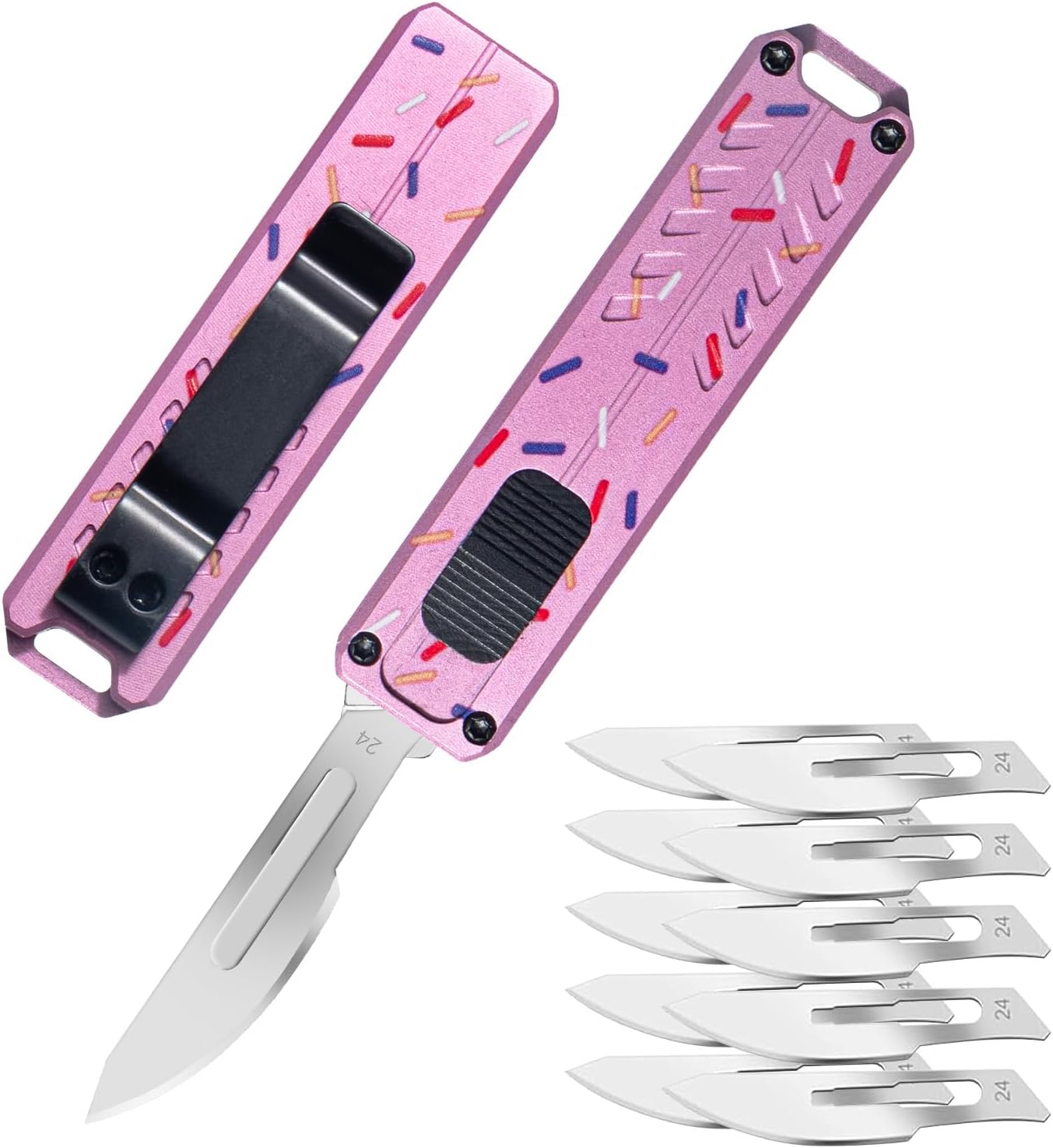 NEXSEN Pink Pocket Knife for Women Men, Small Auto Retractable Knife Push Button, Automatic Scalpel Pocket Knife with 10PCS #24 Razor Blades and S-Shaped Carabiner