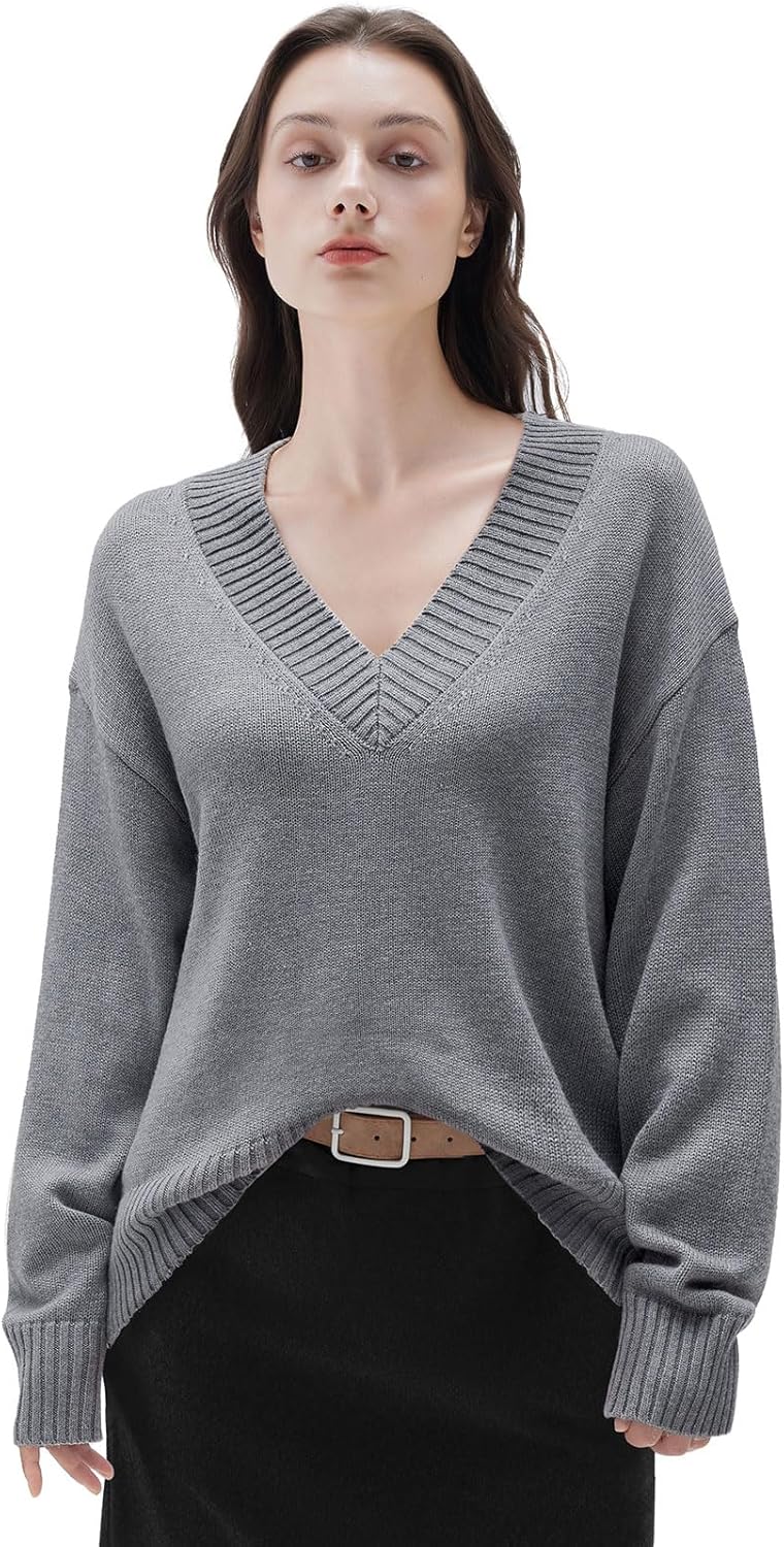 SUUKSESS Women Cashmere Blend Oversized V Neck Long Sleeve Pullover Sweaters