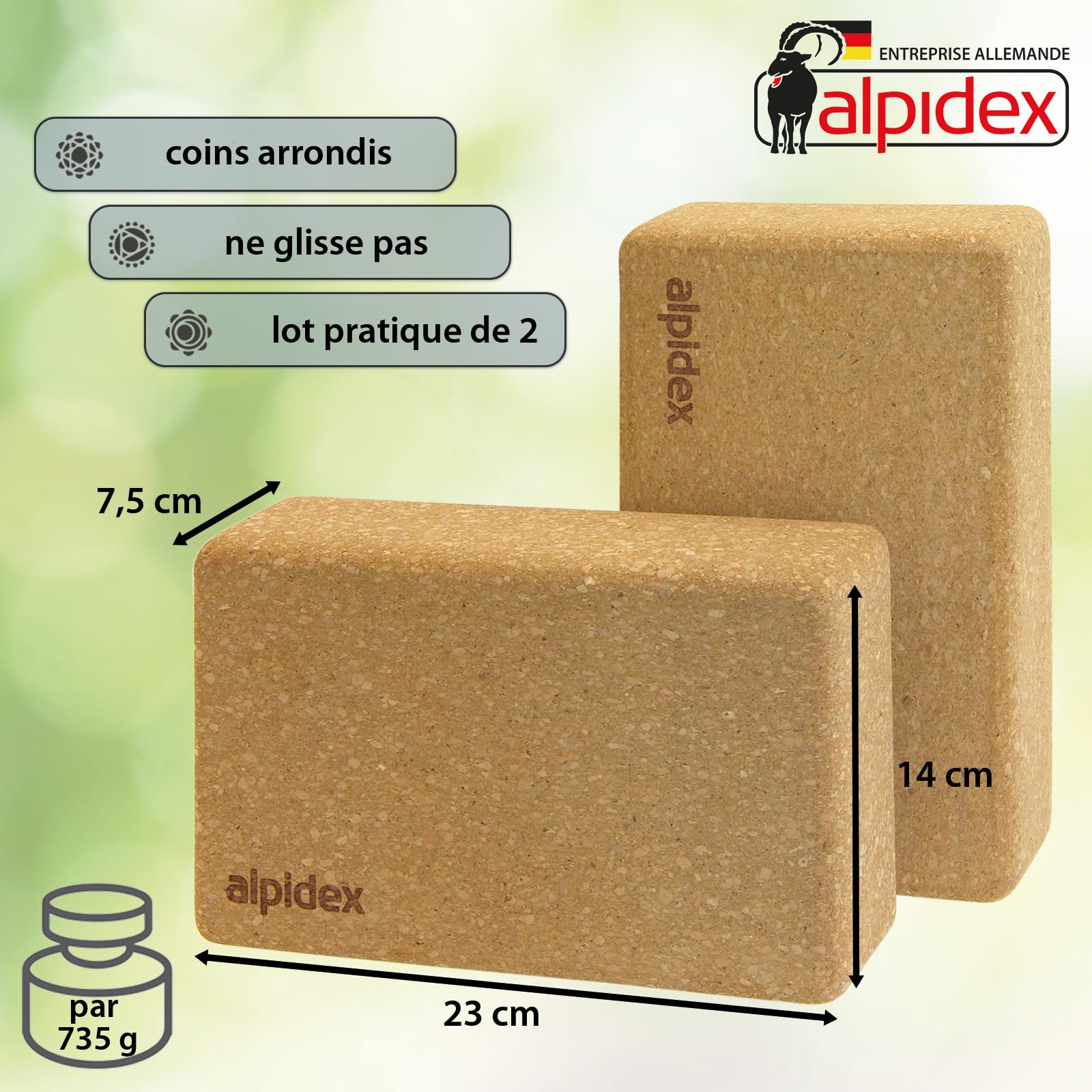 ALPIDEX Bloc de liège Yoga Brique lot de 2 y compris un e-book avec 100 exercices écologique et durable liège de Portugal, Taille:2 pièces - 23 x 14 x 7.5 cm