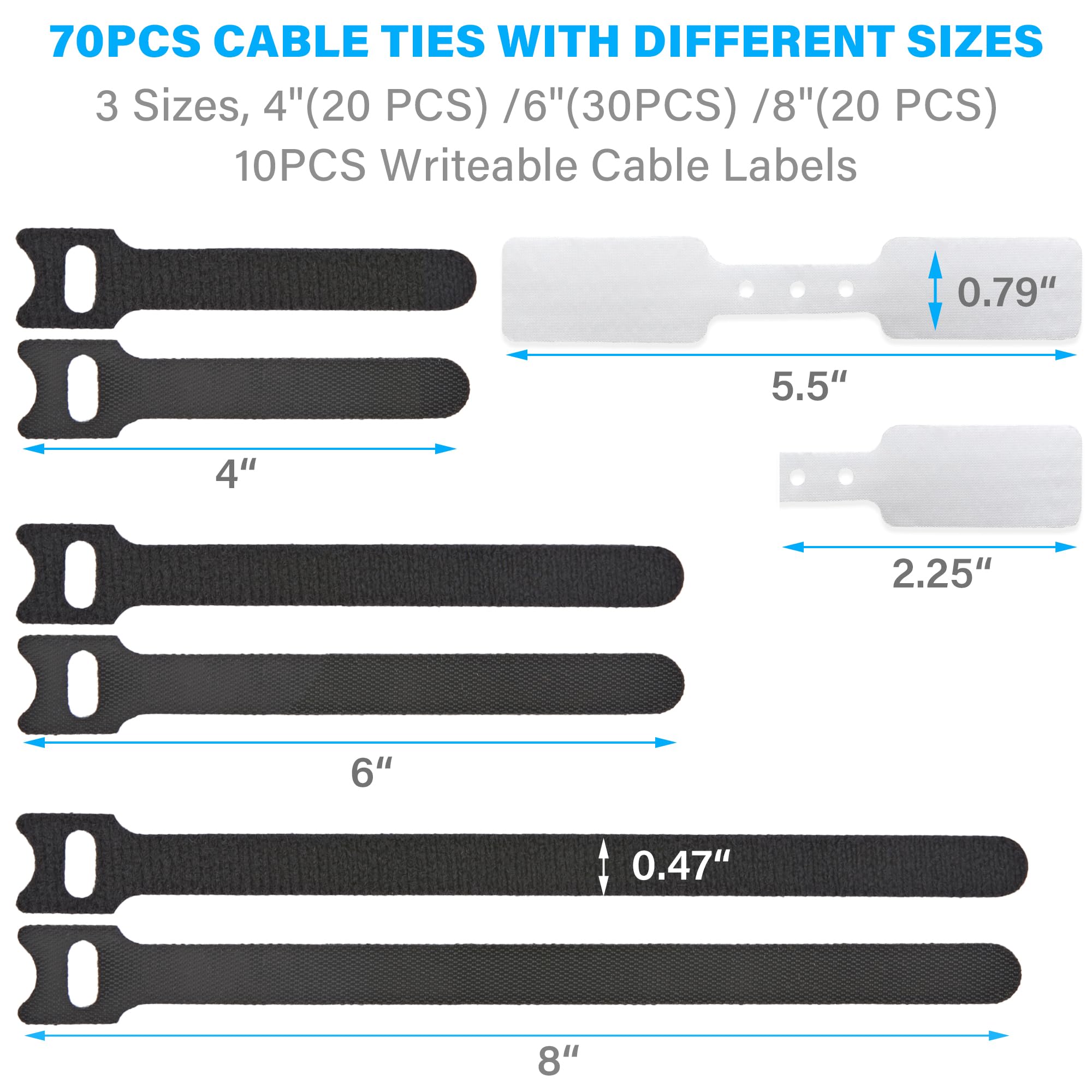 70 PCS Reusable Cable Ties with Hook and Loop, Multi-purpose Adjustable Cable Management Wire Ties & 10 PCS Cable Labels, Cord Organizer for Home, Office and Data Centers (4/6/8 Inch, Black+Grey)