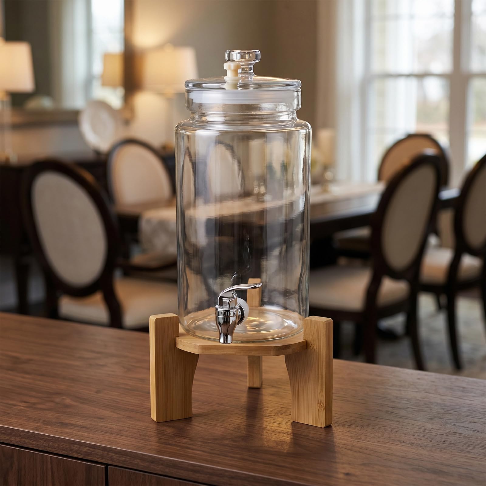 OUNONA Getränkespender für Kaltgetränke, 2,5-Liter-Glasbehälter mit Holzständer für Eistee, Saft und aromatisiertes Wasser, ideal für sommerliche Partys