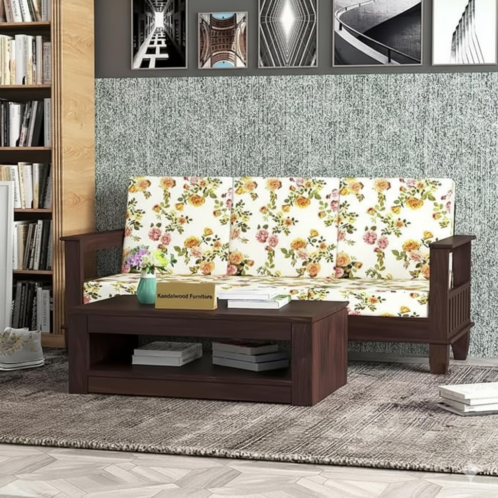 KENDALWOOD Furniture Solid Wood 3 Seater Wooden Sofa Set for Living Room Furniture | Fabric 3 Seater Sofa Set with Center Table | Sofa for Home & Office(Walnut Finish with Cushions)-image-8