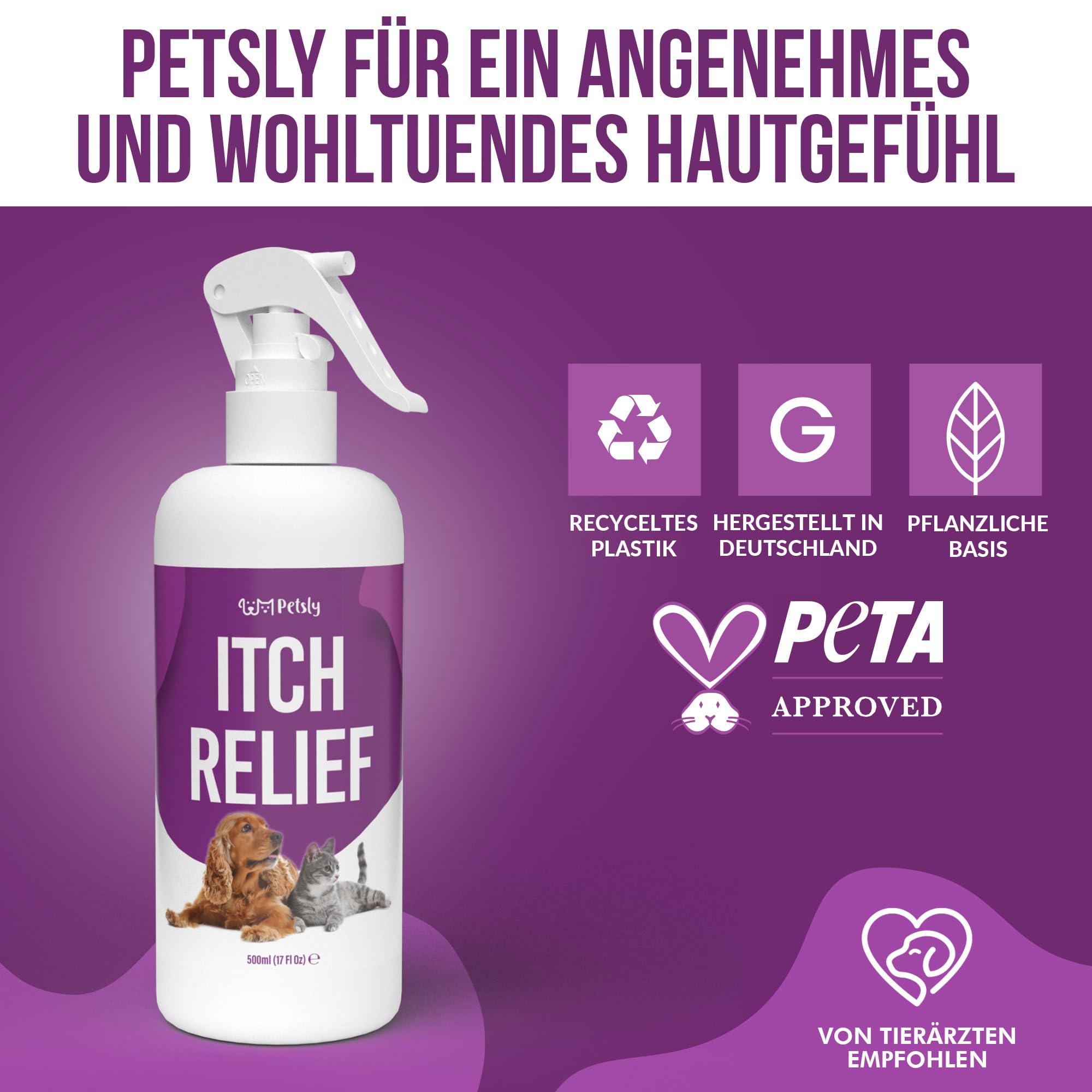 Petsly Anti Juckreiz Spray für Hunde & Katzen 500ml - Sofortige Linderung bei juckender Haut, Grasmilben & Hautreizungen - Mit beruhigender Aloe Vera für empfindliche Tierhaut
