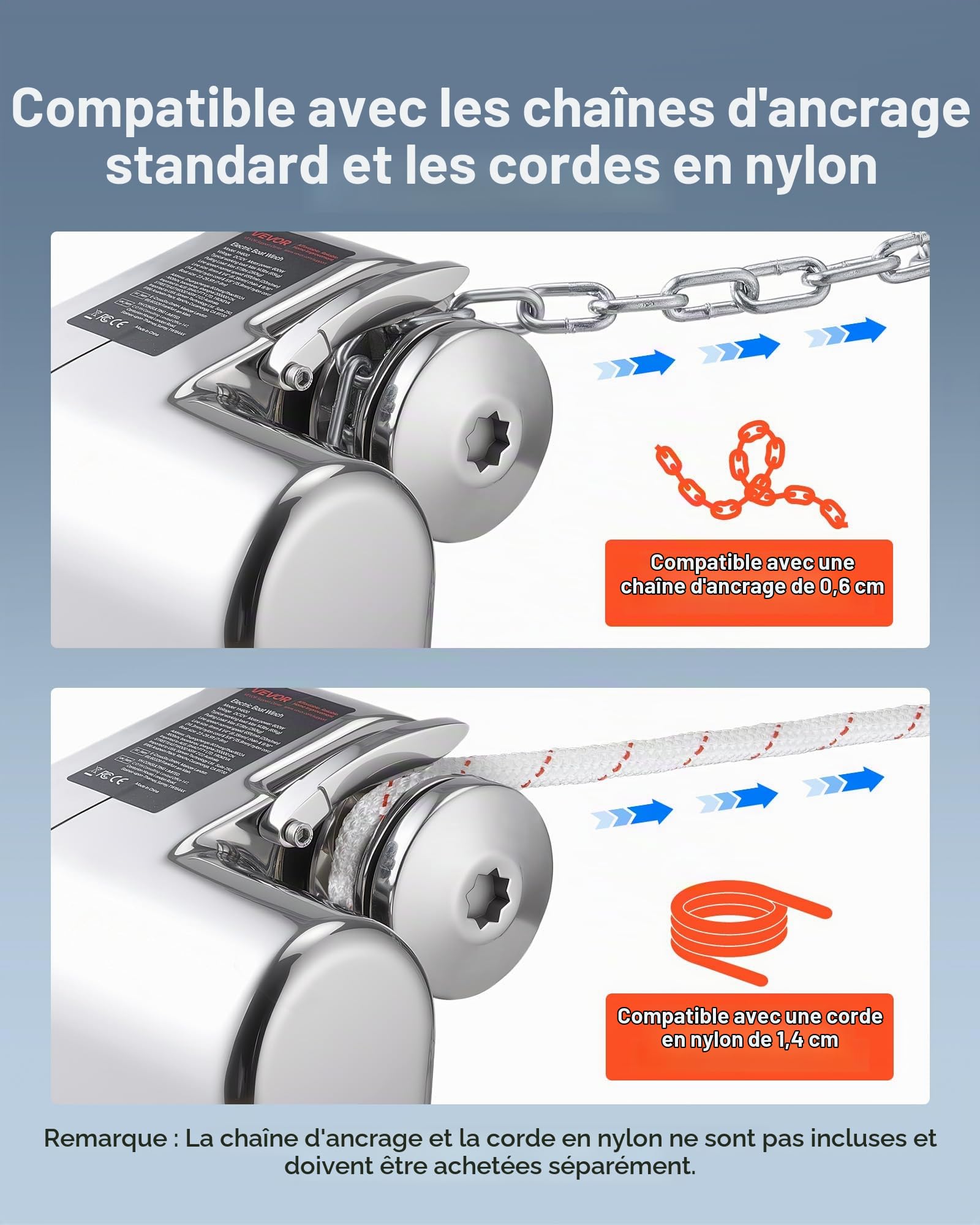 VEVOR Guindeau Électrique, 12 V CC, Guindeau Ancre de Bateau 7-9 m, Traction Maximale 260 kg, 600 W, Compatible avec Chaîne 6,35 mm ou Corde Nylon 14 et 16 mm, Construction en Acier Inoxydable 316