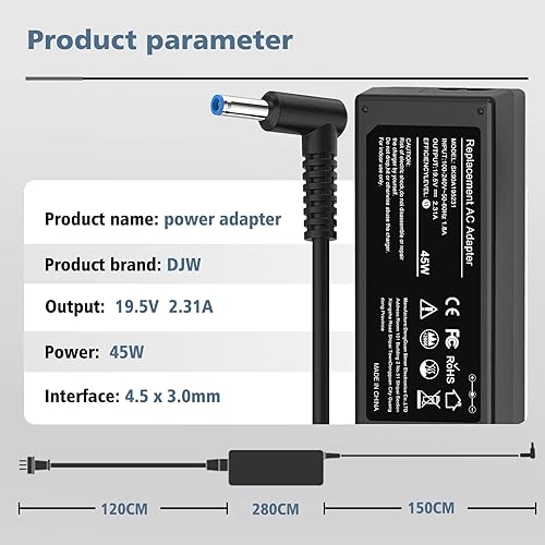 Miniatura 2 de DJW Cargador compatible con el adaptador de corriente de punta azul inteligente de 45 W para computadora portátil HP