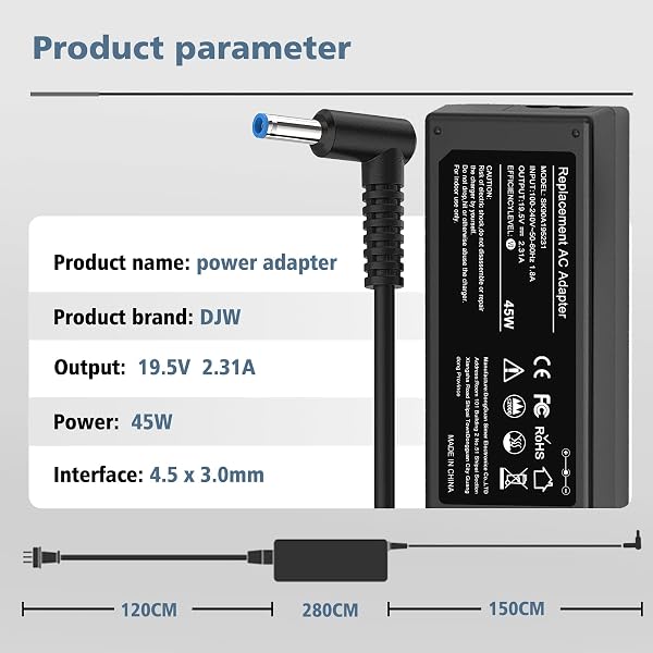 Close-up of the DJW 45W laptop charger's 4.5x3.0mm blue tip connector.