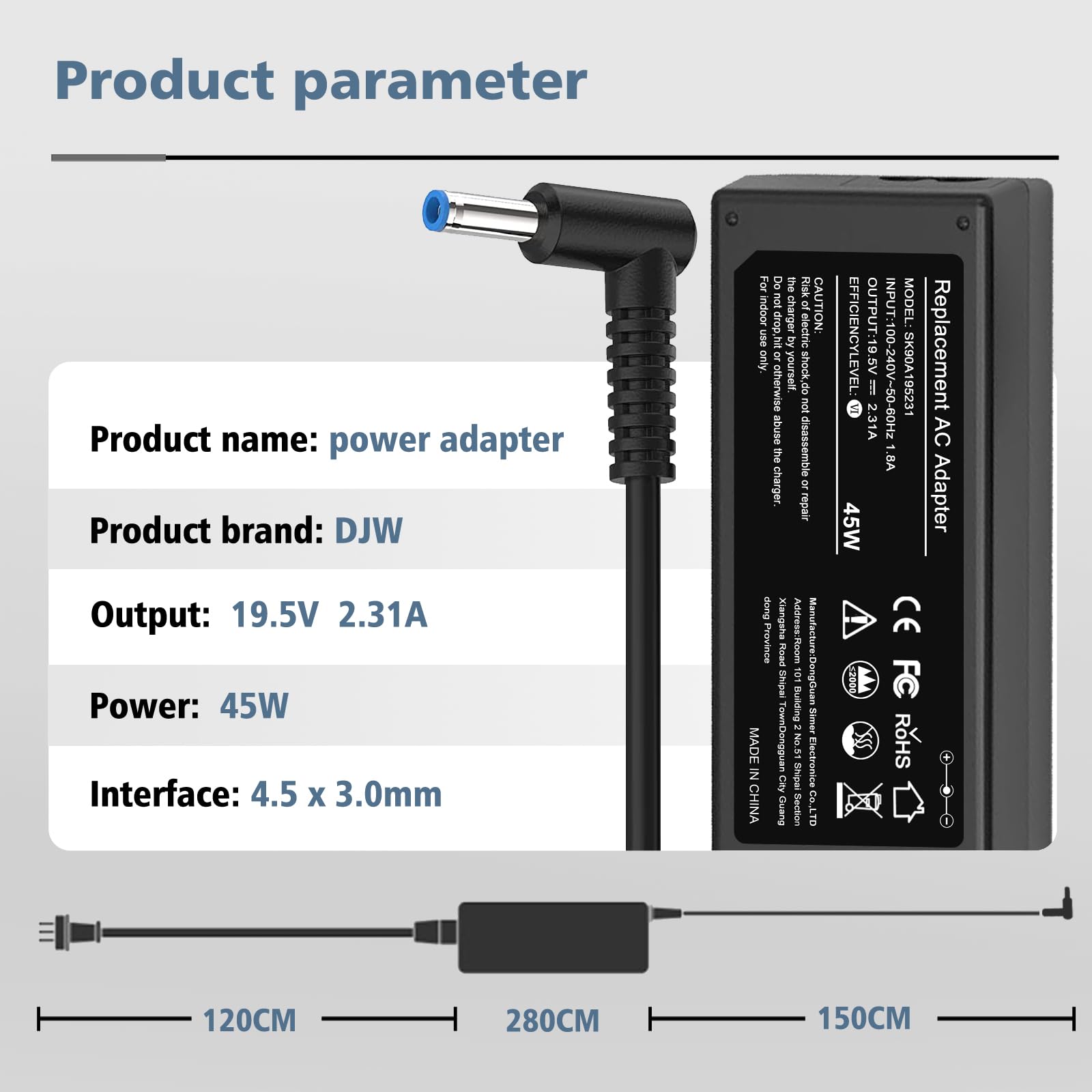 Close-up of the DJW 45W laptop charger's 4.5x3.0mm blue tip connector.