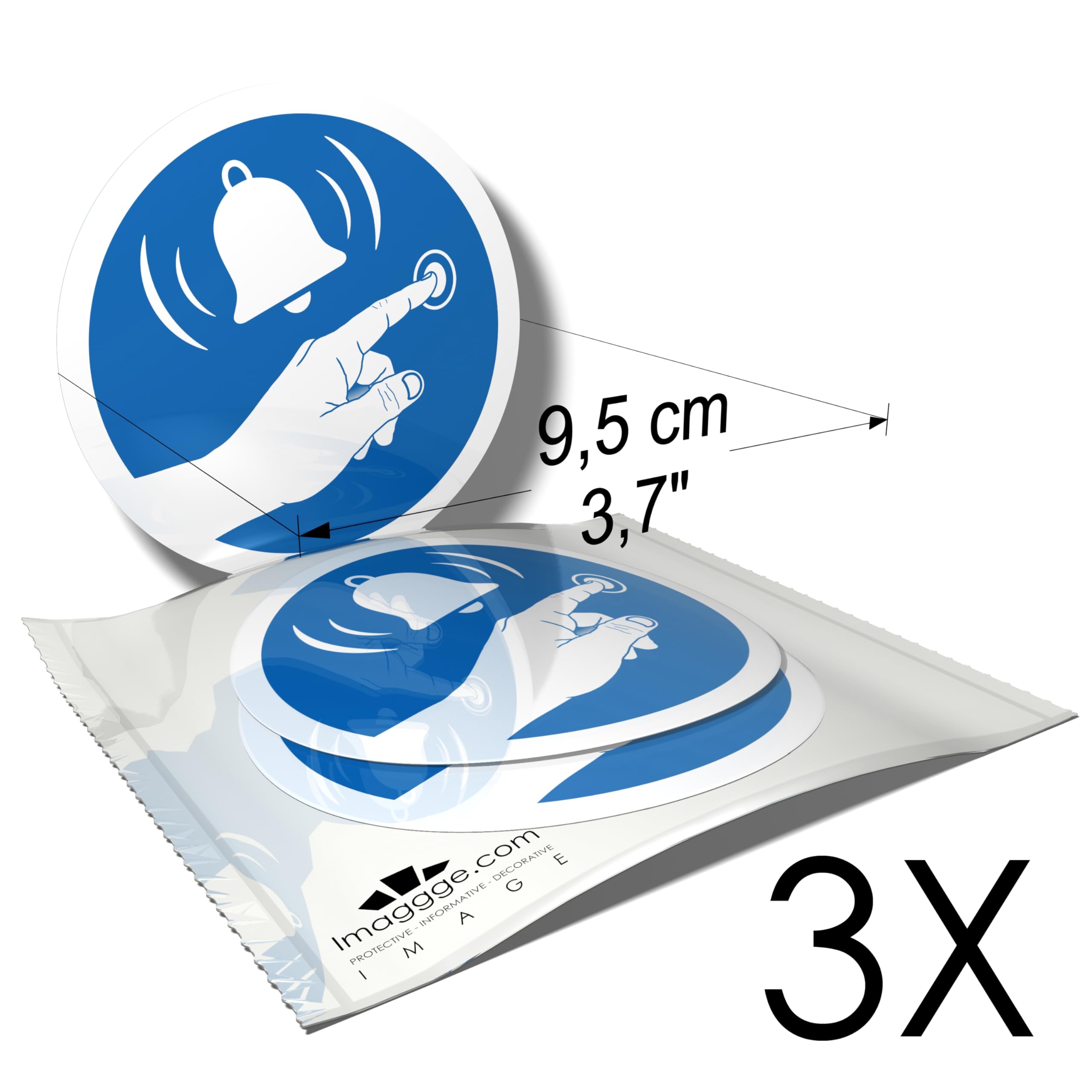 Warning Stickers, Press the Doorbell, Ring Before Enter, 3 Round Stickers, 9.5 cm, Blue / White, 9,5 cm - Image 2