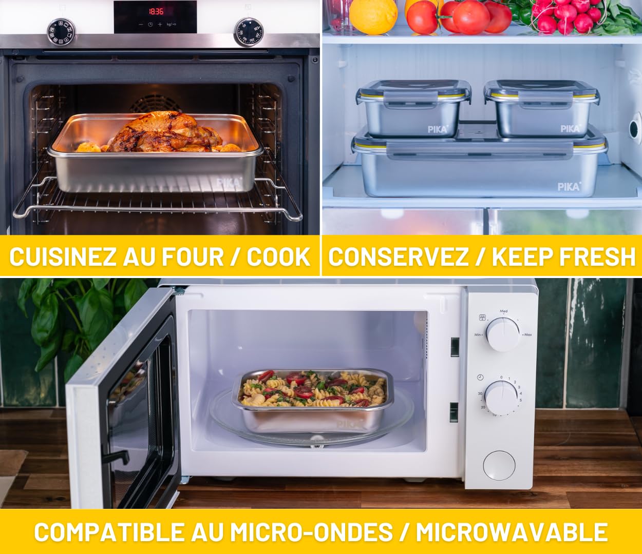 Pika | Lot de 12 boites alimentaires en inox | Batch cooking | Compatible au micro-ondes, four, congélateur | Rangement facile