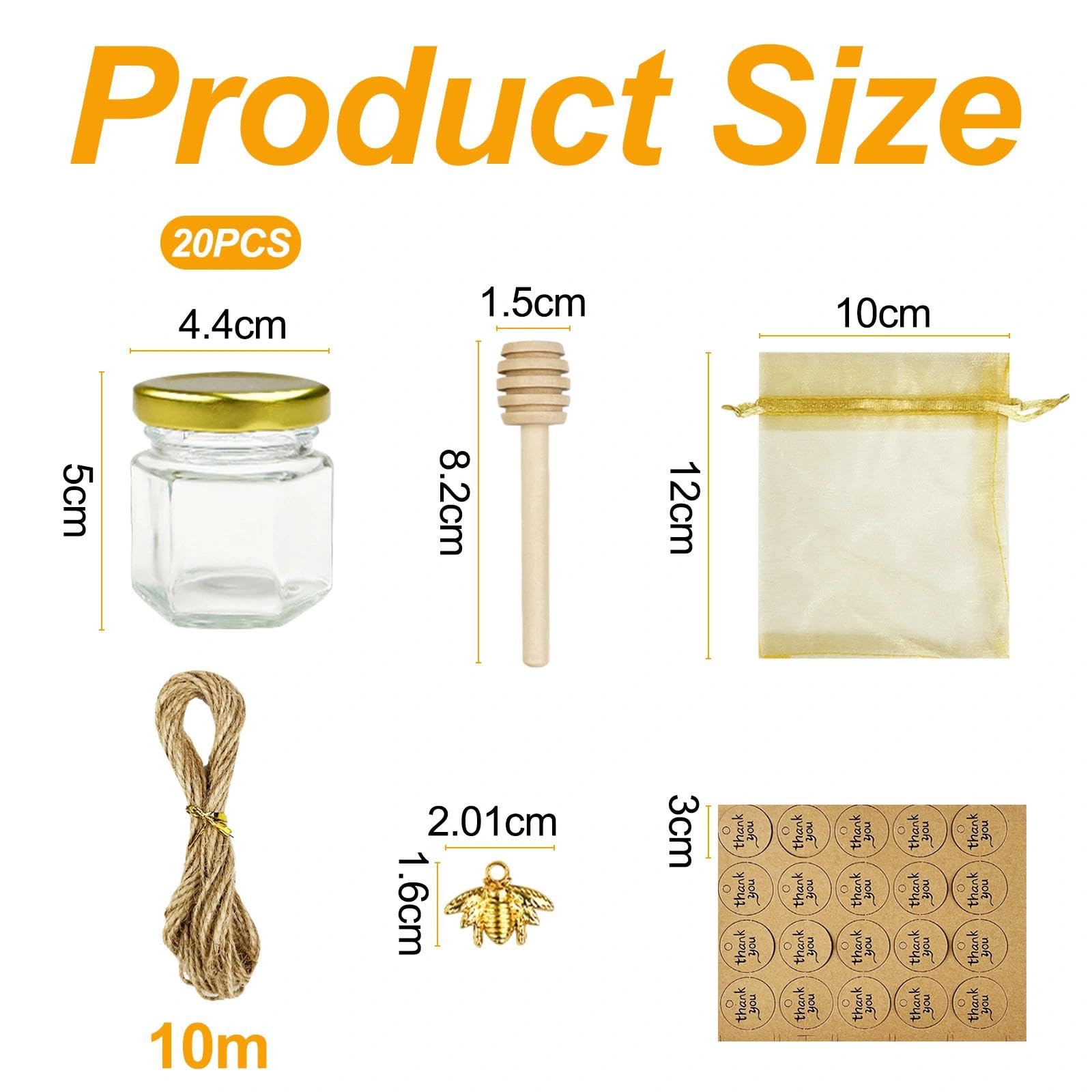 20 PCS Vasetti per Marmellata, Vasetti Vetro Piccoli per Miele 45ml, Contenitore Miele, Bottigliette di Vetro Piccole, Piccoli Barattoli, per Bomboniere Battesimo, Matrimoni e Feste