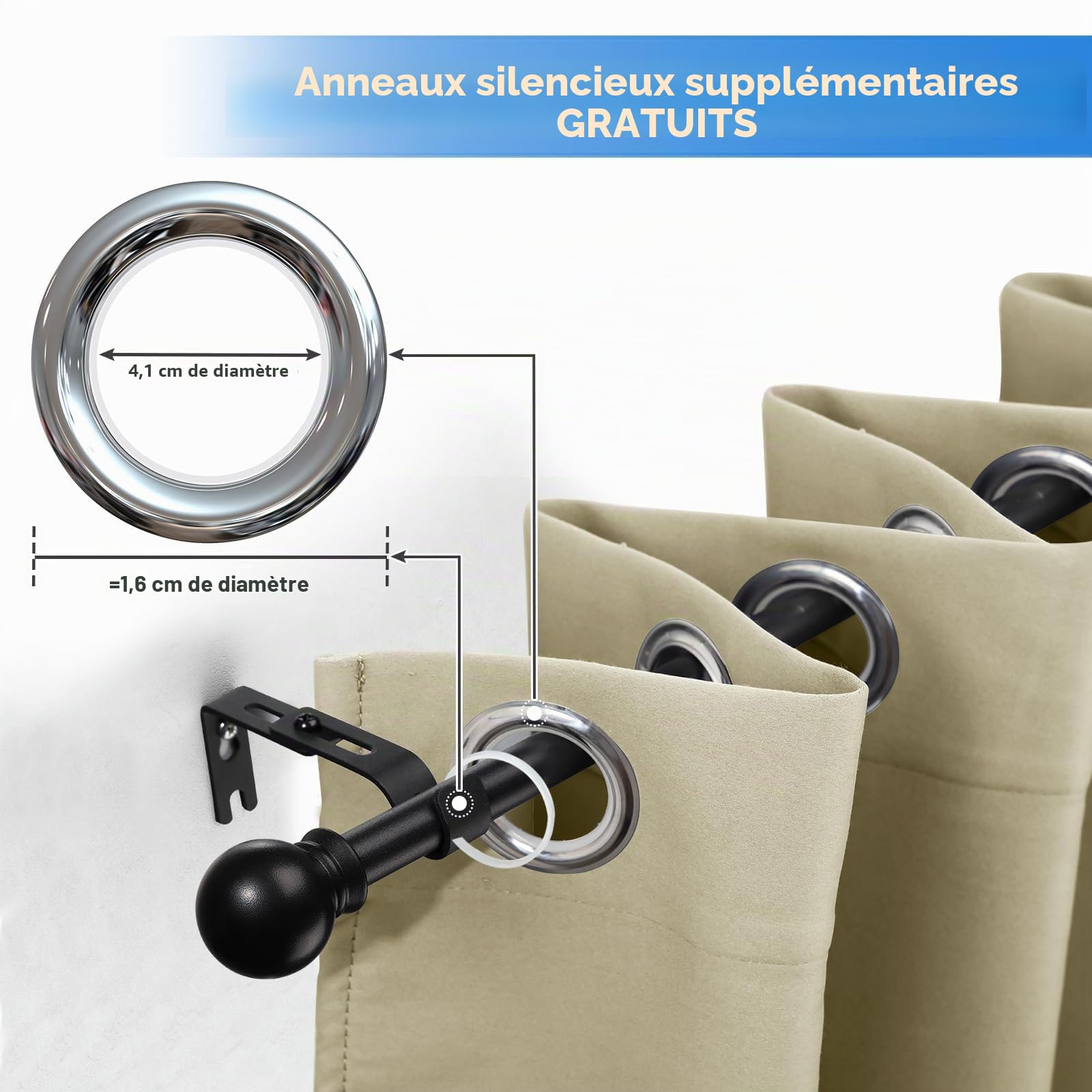 Tringle à rideaux 70-210 cm Noir Mat 16 mm, Tringle à rideaux extensible avec supports, Ensemble de tringles à rideaux stables pour chambre, salon, cuisine